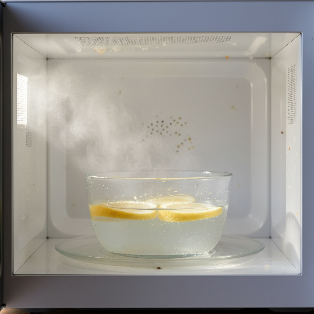 A close-up, professional photo capturing the interior of a modern kitchen microwave. Inside, a clear, heat-resistant bowl contains water with several brightly cut lemon halves floating in it. Visible steam gently rises from the bowl, creating a soft mist that condenses on the microwave's inner walls, highlighting softened food splatters. The scene should convey a sense of gentle yet effective cleaning in progress, with a fresh, bright ambiance. The lighting is natural and inviting, emphasizing the simplicity and naturalness of the cleaning method.