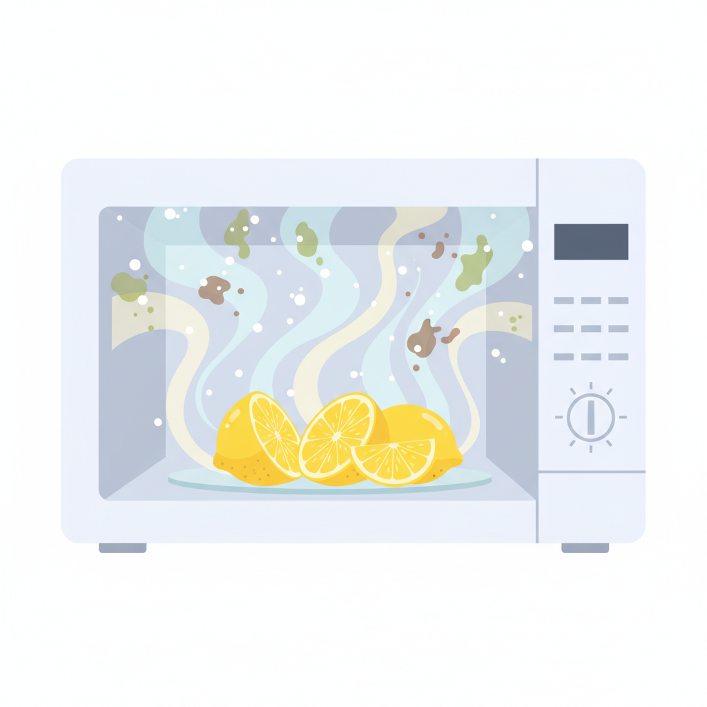 A modern, clean flat illustration depicting the interior of a microwave oven. The scene emphasizes the cleaning power of lemons. Several vibrant yellow lemon halves and slices are strategically placed or depicted as if actively cleaning the surfaces. Abstract, symbolic elements like small dissolving grease splatters or grime particles are shown lifting away from the walls. Gentle, swirling lines or subtle gradients emanate from the lemons, symbolizing a fresh, clean scent spreading throughout. The overall mood is bright, fresh, and highlights natural effectiveness against dirt.