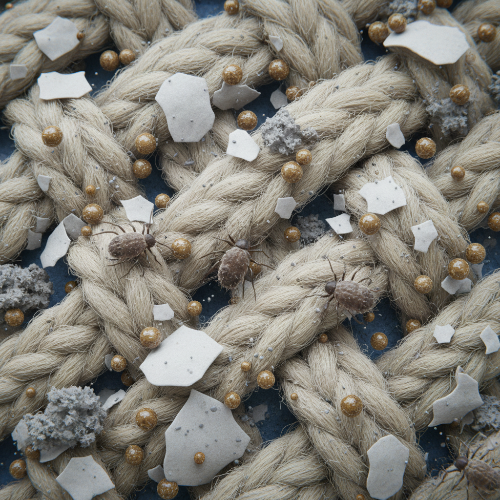 A highly magnified, conceptual macro photograph of a textured fabric surface, like a mattress or upholstered furniture. Microscopic, stylized house dust mites are subtly visible, camouflaged amongst realistic skin flakes and dust particles. Small, spherical 'allergen' particles, representing mite droppings, are interspersed throughout the scene. The overall lighting should be soft and slightly clinical, emphasizing the unseen world within our homes. Professional digital illustration with a clean, detailed aesthetic.