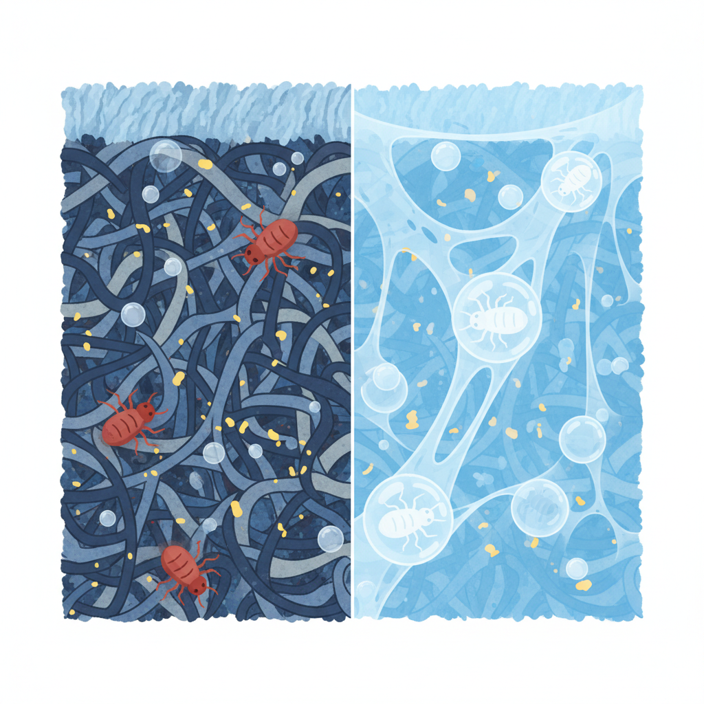 An infographic-style illustration depicting a conceptual 'before and after' scenario on a cross-section of fabric (e.g., mattress or carpet fibers). On the 'before' side, active, stylized house dust mites are shown scurrying among fabric strands, with numerous allergen particles scattered around. On the 'after' side, a 'Milbenreiniger' (mite cleaner) is visually represented as a fine mist or a binding agent, rendering the mites inert or significantly reduced, and encapsulating or neutralizing the allergen particles. Use a clean, modern aesthetic with contrasting colors to highlight the cleaner's effect.