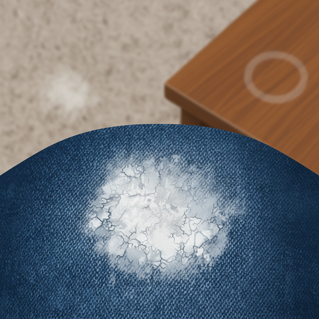 A detailed, professional photo style illustration. The central focus is a stubborn, dried milky white stain on a vibrant blue denim fabric, possibly from a child's clothing. The stain appears slightly crusty and deeply embedded in the fabric's weave, showcasing its tenacious nature. In the soft-focus background, hints of other stained textures are visible, such as a light beige carpet fiber with a faint milk residue and a polished wooden surface bearing a subtle, dried ring mark. The scene evokes the common household challenge of persistent stains on various materials.