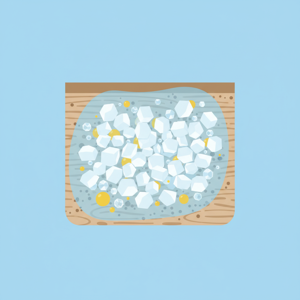 An infographic-style flat illustration. The image conceptually visualizes the complex nature of a dried milk stain. It shows a simplified cross-section of a surface (e.g., fabric or wood grain). Embedded within this surface are abstract representations: clusters of interlocked, denatured 'protein' shapes (like white, irregular polygons), scattered 'fat' droplets (small yellow spheres), and a few 'sugar' crystals (tiny clear geometric shapes). These elements are tightly packed, illustrating why the stain is so resistant to simple cleaning, with a conceptual barrier around them.