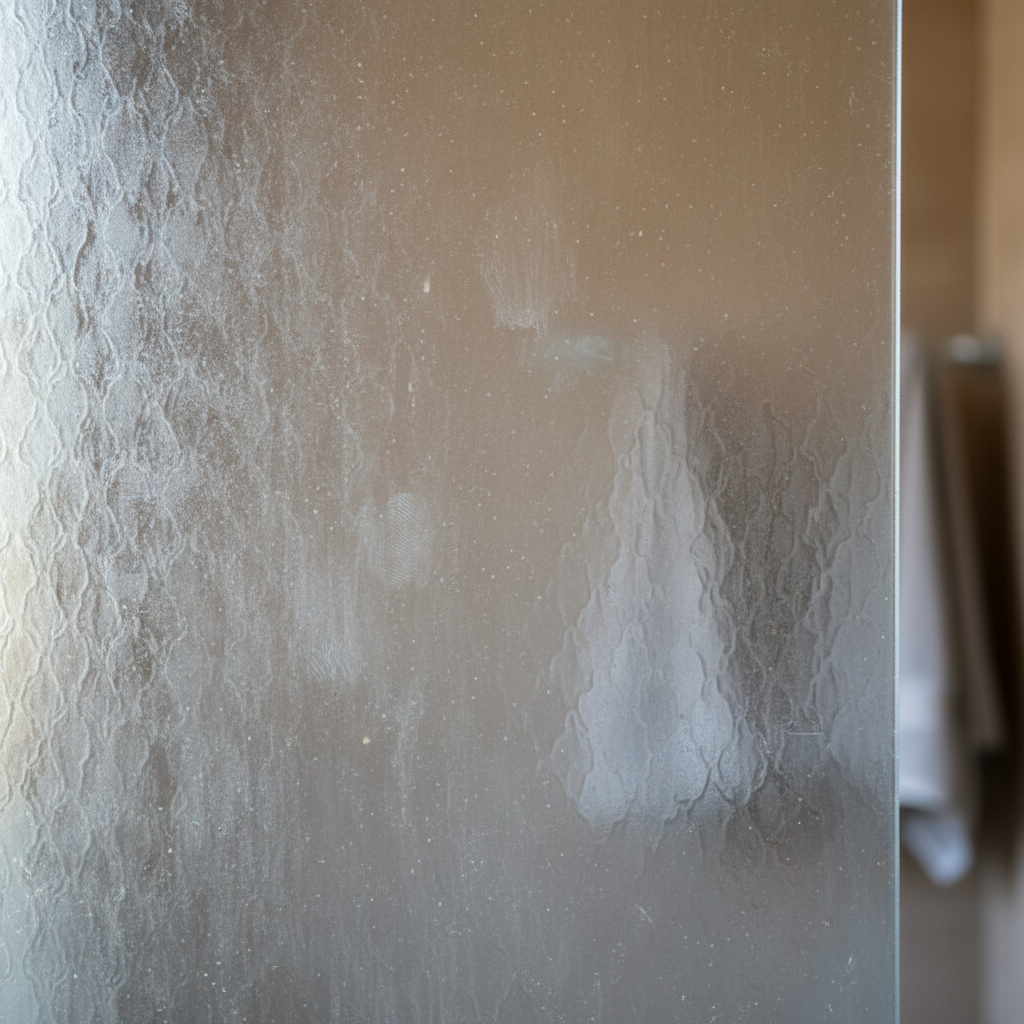 A close-up of a frosted glass panel, perhaps a section of a shower door or an interior window, with subtle signs of common dirt. Visible are soft smudges, faint fingerprints, and a hint of dullness or light water residue. The delicate, textured surface of the frosted glass should still be discernible, even with the slight imperfections. The background is softly out of focus, suggesting a bathroom or living space environment. The professional photo should convey a sense of 'before cleaning,' highlighting the everyday accumulation of grime that necessitates attention.