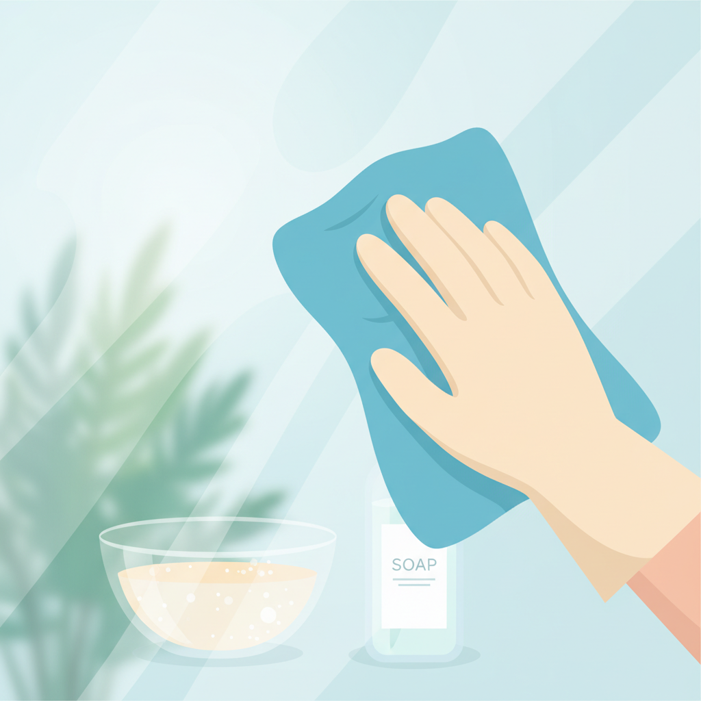 A bright, clean flat illustration depicting the process of cleaning frosted glass. In the foreground, a pair of hands (gender neutral) wearing light-colored, clean gloves gently wipes a section of frosted glass with a soft, blue microfiber cloth. A small, transparent bowl filled with warm, slightly bubbly water and a bottle of clear dish soap are visible nearby, slightly out of focus. One part of the frosted glass is visibly clean and sparkling, contrasting subtly with a small, yet-to-be-cleaned area. The scene should convey ease, effectiveness, and a fresh aesthetic.