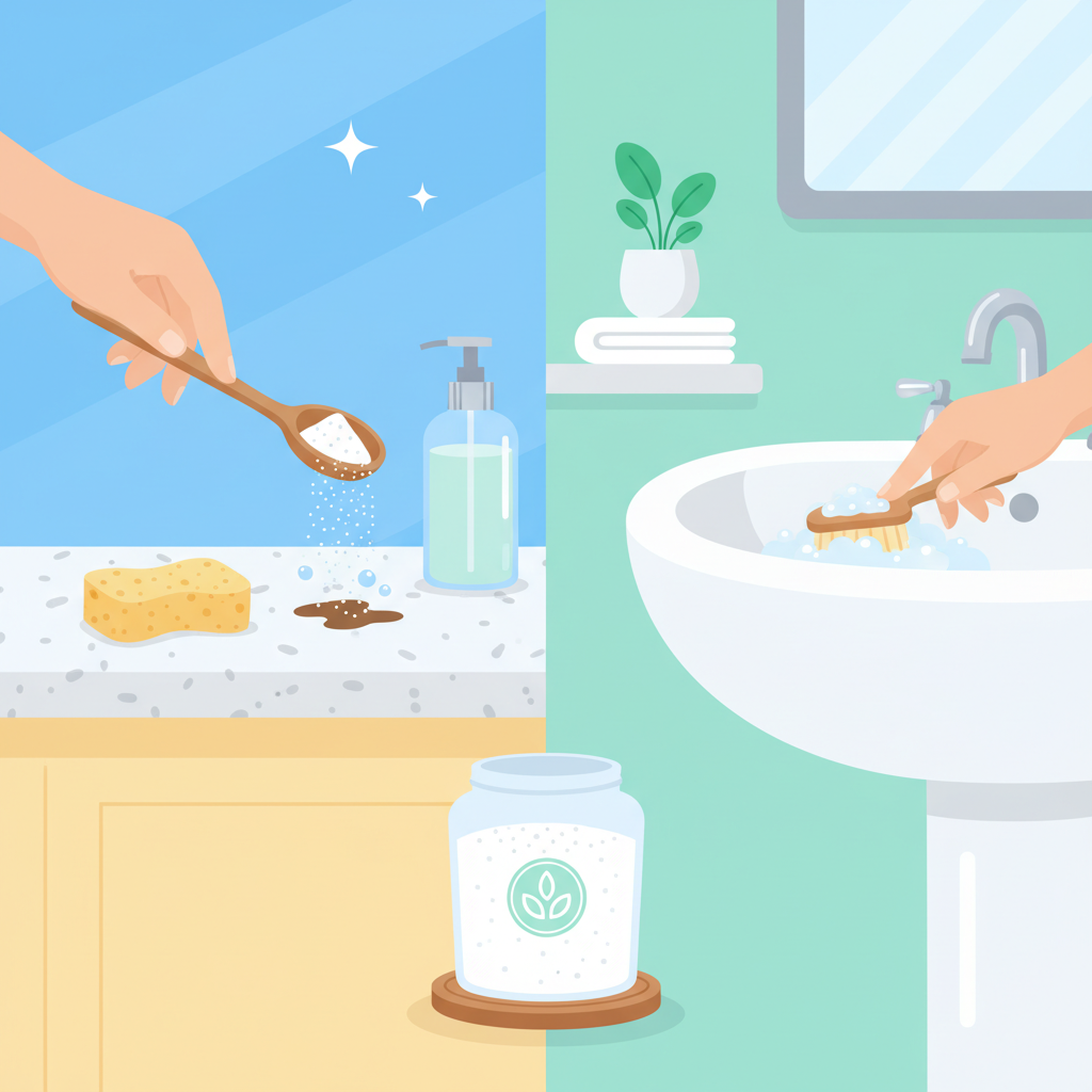 A vibrant, modern flat illustration depicting the versatility of baking soda in a home. The image is split to show a sparkling kitchen counter with a hand gently sprinkling white powder onto a small spill, and a pristine bathroom sink being cleaned with a paste. Various small, clean cleaning tools like a natural sponge and a simple spray bottle are visible. A clear glass jar filled with white powder stands prominently in the foreground, subtly linking the scenes. The atmosphere is bright, clean, and fresh, emphasizing natural cleaning.