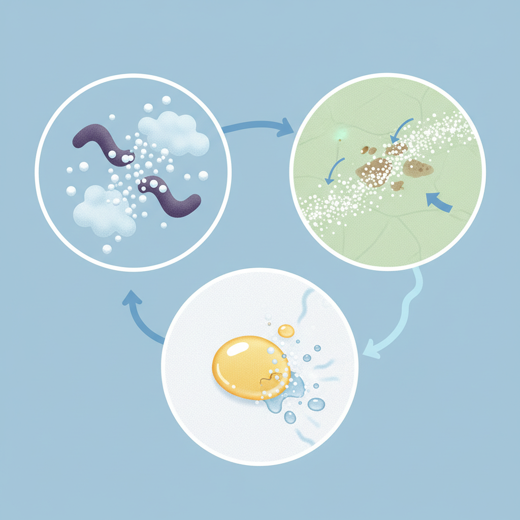 An infographic-style illustration visually explaining the scientific actions of baking soda. The image features three distinct, interconnected sections. One section shows abstract 'odor' particles (e.g., wavy, dark shapes) being engulfed and neutralized by smaller, round baking soda particles, transforming into benign, lighter shapes. A second section illustrates gentle, fine granular particles acting as a mild abrasive on a subtly textured surface, lifting away dirt. The third section depicts baking soda interacting with and dissolving a droplet of grease. Use a clean, educational aesthetic with a palette of soft blues, whites, and greens.