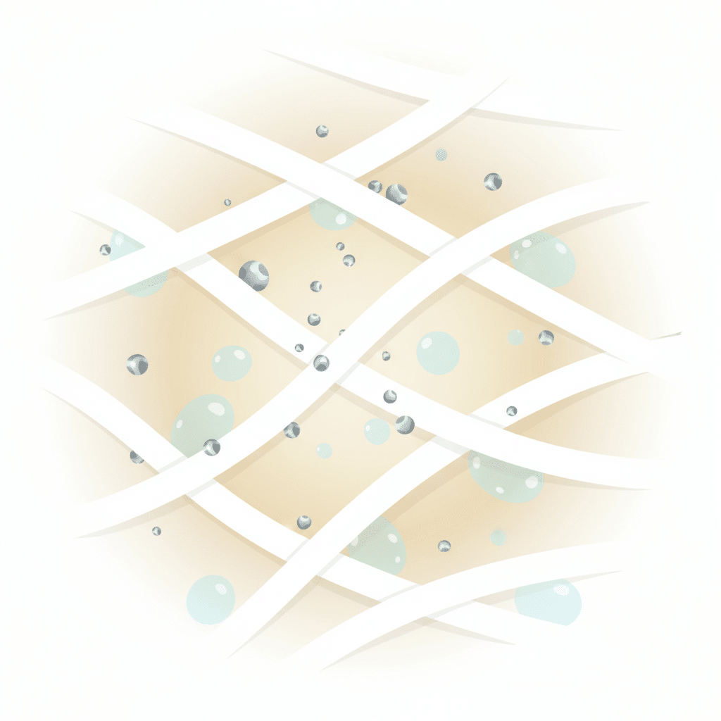 A close-up, stylized flat illustration depicting the microscopic interaction causing sweat stains on fabric. Visible are sweat droplets, symbolic deodorant particles (small, silvery-grey shapes representing aluminum salts), and fabric fibers of a white shirt. The elements are shown intermingling, creating a subtle, growing yellowish-brown discoloration within the fabric weave, specifically in an armpit area. The illustration should be clean, modern, and convey the scientific process in an approachable way.