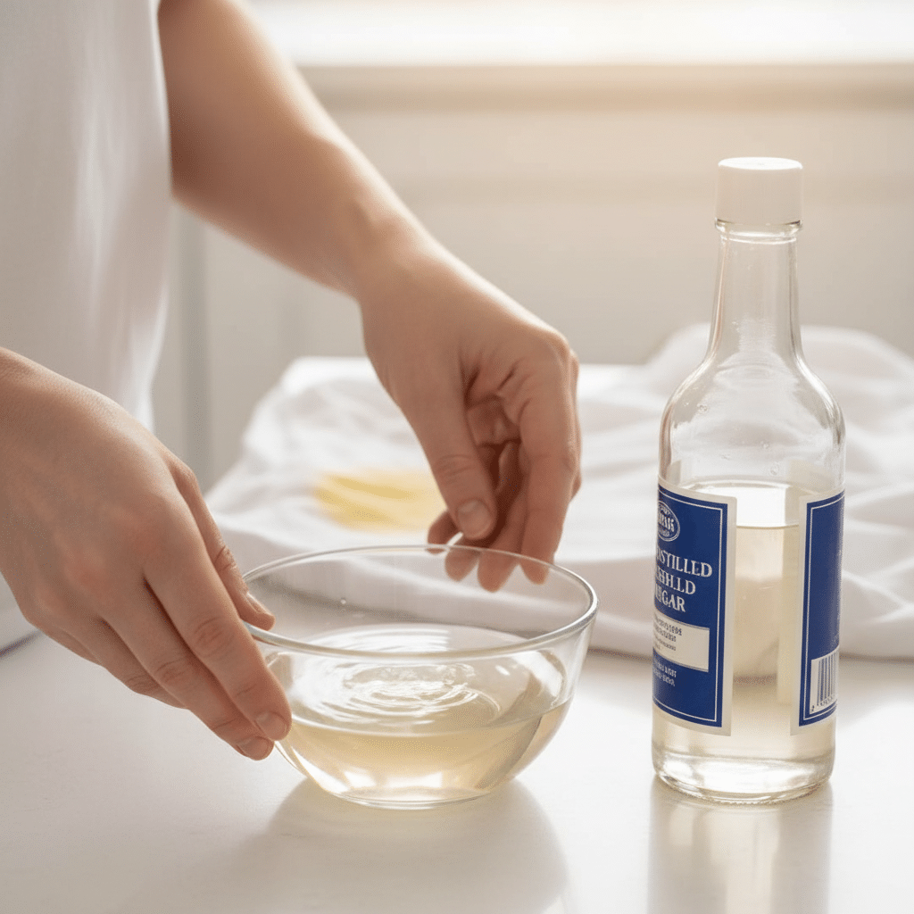 A professional photo capturing a hands-on home remedy process. In the foreground, hands are mixing clear liquid and light brown liquid (representing water and vinegar) in a small glass bowl. A bottle of white household vinegar is clearly visible next to the bowl. In the soft-focus background, a white t-shirt with a distinct yellow armpit stain is partially visible, indicating the problem being addressed. The scene should feel clean, practical, and well-lit.