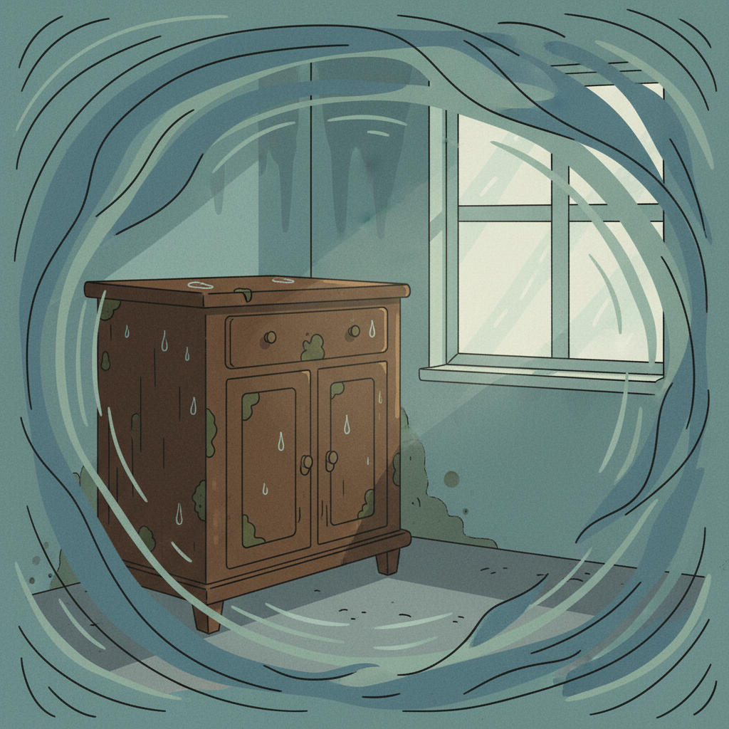 A vibrant flat illustration depicting the causes of musty furniture. A wooden cabinet stands in a slightly humid corner of a room. Visible elements include faint moisture droplets on its surface, subtle dark specks indicating mold growth peeking from crevices, and heavy, stagnant air currents visually swirling around it, preventing proper ventilation. The overall atmosphere feels dense and a bit uninviting, emphasizing the conditions leading to mustiness. The color palette uses muted, slightly damp tones, contrasting with hints of underlying decay. The focus is on environmental factors and microbial presence creating the problem.