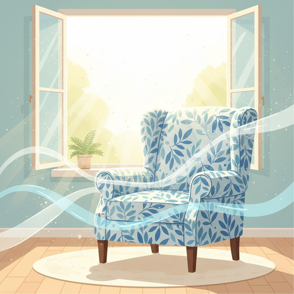 A bright, clean flat illustration showing the aftermath of removing musty smells from furniture. An elegant upholstered armchair, now appearing fresh and vibrant, is positioned near a wide-open window. Bright sunlight streams into the room, illuminating dust motes dancing in the air, symbolizing clean, circulating air. Gentle, swirling lines representing fresh air flow around and through the armchair, replacing any hint of previous staleness. The overall scene exudes a feeling of cleanliness, revitalization, and natural air purification, conveying a healthy and pleasant home environment.
