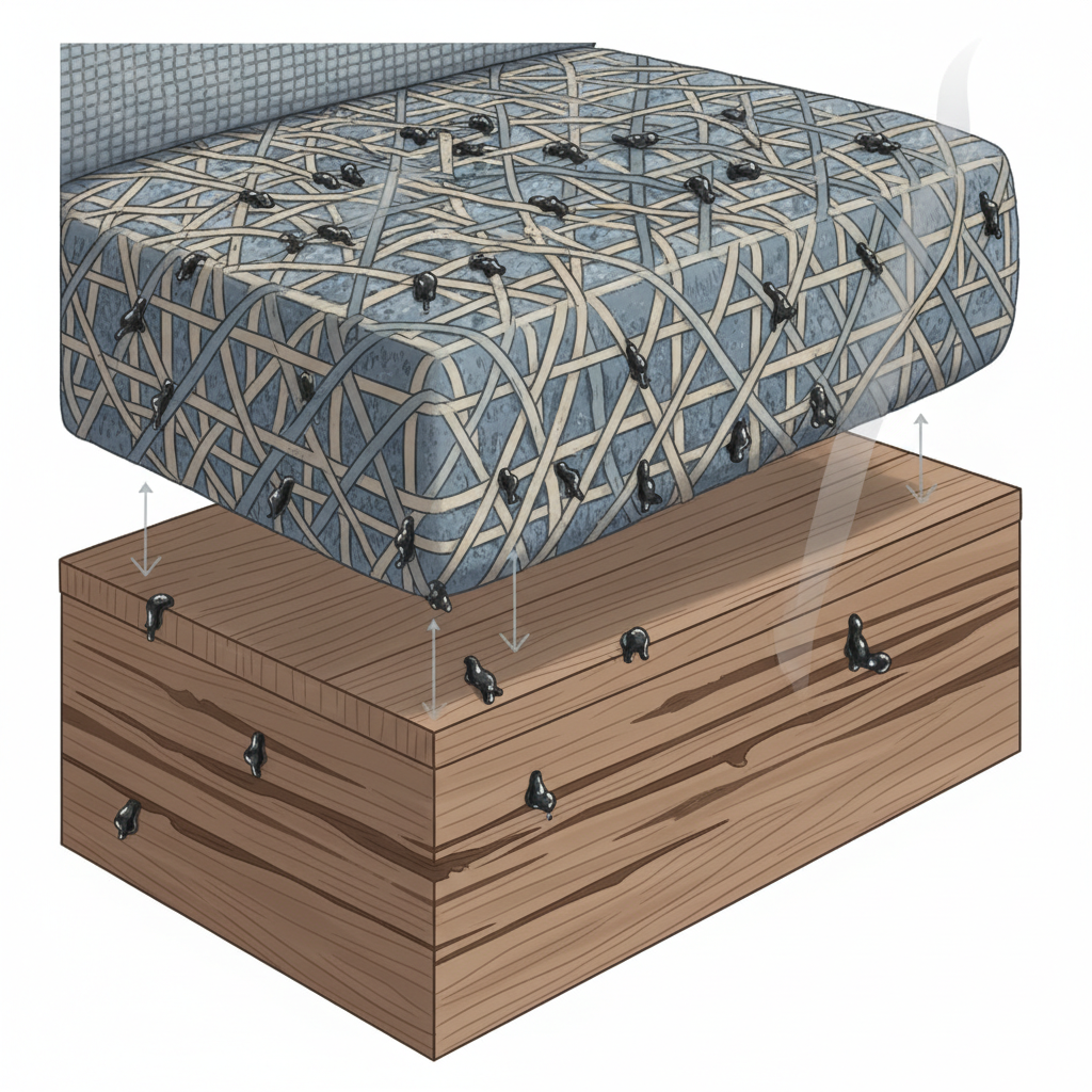 A stylized cross-section infographic illustrating how smoke particles penetrate furniture. Show a magnified segment of a sofa cushion with fabric fibers and a piece of wooden furniture, with exaggerated, tiny, dark smoke particles visually embedding themselves deeply into the porous materials. The particles should appear oily and sticky, demonstrating their intricate interaction with the fabric and wood grain. The overall style should be clean, scientific, and visually explain the 'why smoke odor is so stubborn' concept.