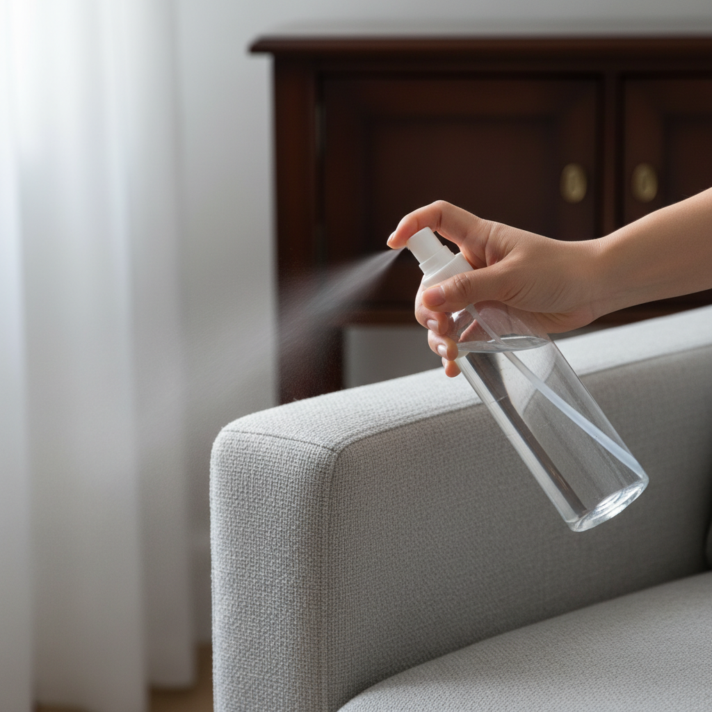A bright, professional photo of a hand holding a generic spray bottle containing a clear liquid solution, gently misting a section of a fabric armchair. In the background, a subtly blurred wooden cabinet is visible. The scene should evoke a sense of cleanliness and the start of a refreshing process. A fine, gentle vapor or mist should be subtly visible coming from the spray nozzle, suggesting the application of a cleaning agent to neutralize odors. The lighting should be soft and natural.