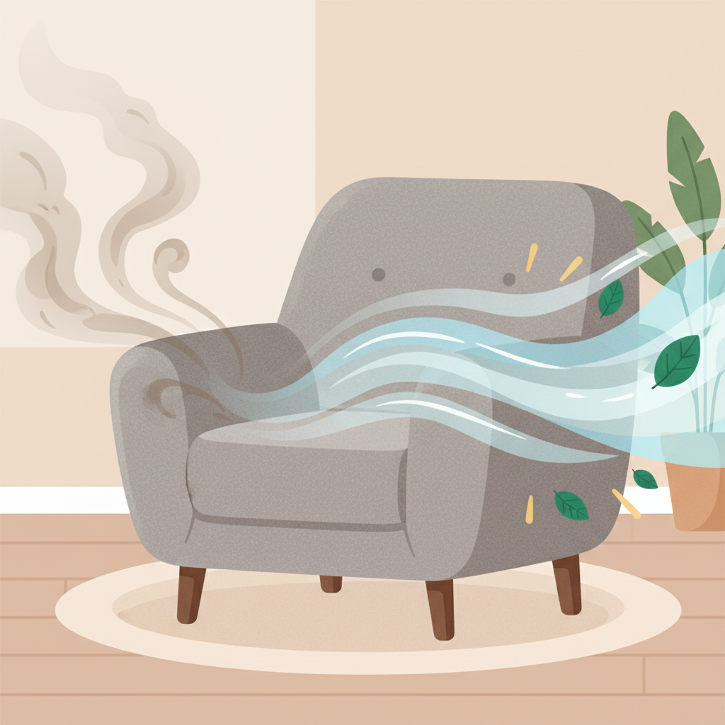 A stylish upholstered armchair in a cozy living room setting. From one side of the armchair, subtle, swirling grey and brown wisps emanate, visually representing unpleasant odors like smoke or mustiness. On the other side, vibrant, light blue and white air currents flow towards the chair, accompanied by abstract, delicate green leaf and yellow sunbeam icons, symbolizing freshness and effective odor removal. The background is simple and uncluttered, emphasizing the furniture piece and the visual contrast between stale air and fresh air. The overall style is a clean, modern flat illustration with soft, inviting colors.