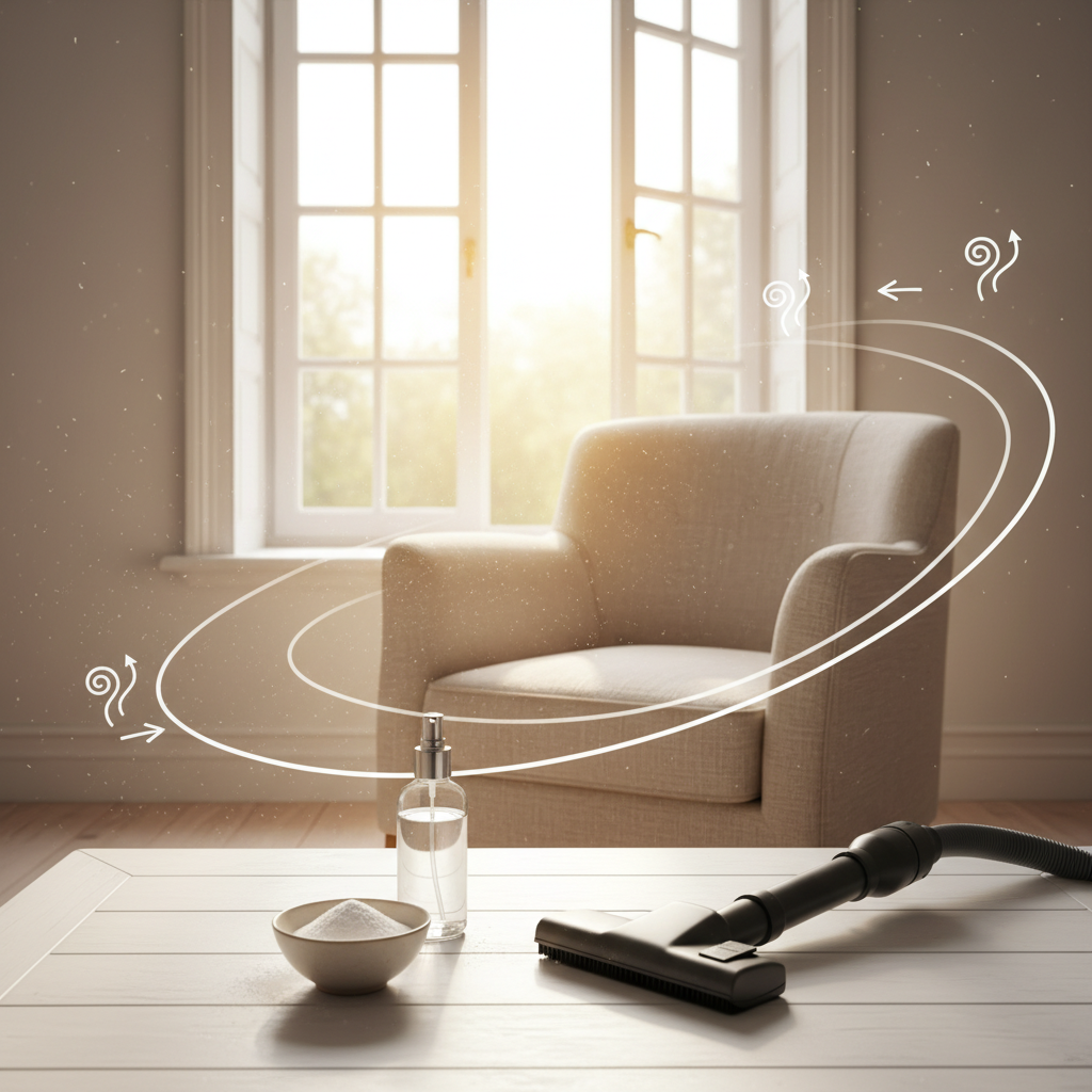 A bright, inviting room with a large window opened wide, allowing abundant sunlight to stream in. A comfortable, light-colored upholstered armchair is positioned near the window, with subtle, flowing lines or abstract air icons indicating fresh air circulating around it. In the foreground, on a clean, light surface, a few essential items are neatly arranged: a small bowl of white powder (representing baking soda or similar absorbent), a spray bottle filled with a clear liquid, and a specialized vacuum cleaner attachment. The overall scene conveys a sense of proactive cleaning and refreshing through natural ventilation and simple household remedies. Professional, bright lifestyle photograph style.