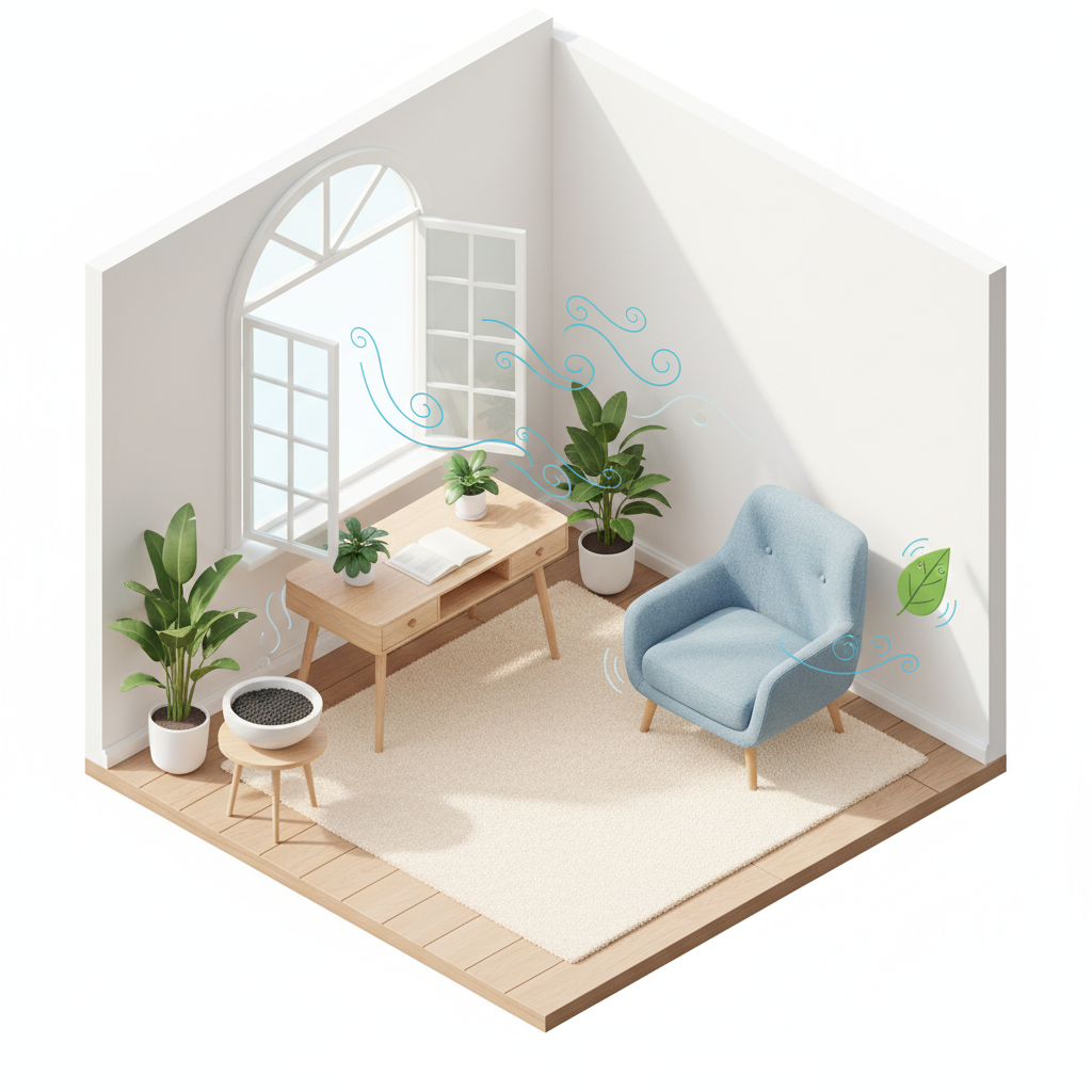 A bright and airy isometric illustration of a living room scene focused on a newly acquired piece of furniture, such as a wooden desk or a fabric armchair. A large window is clearly open, with a gentle breeze subtly suggested by wavy lines flowing into the room and around the furniture. Nearby, discreet elements representing natural odor absorbers could be placed, like a stylized open bowl (without any specific contents visible, or perhaps just a generic granular texture) or a symbolic leaf, indicating freshness. The emphasis is on active air circulation and natural purification, creating a sense of cleanliness and well-being.