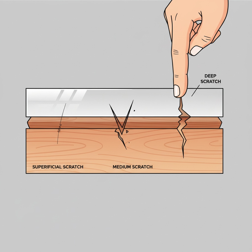 A detailed, clean vector illustration or 3D render depicting a cross-section of a lacquered wooden furniture surface. The illustration clearly shows three distinct types of scratches: a superficial scratch affecting only the top clear lacquer layer, a medium scratch penetrating deeper into the lacquer, and a deep scratch exposing the underlying wood material. A stylized human finger with a nail is positioned above the deepest scratch, indicating the assessment of depth. The various layers of the furniture finish are distinctly visible.