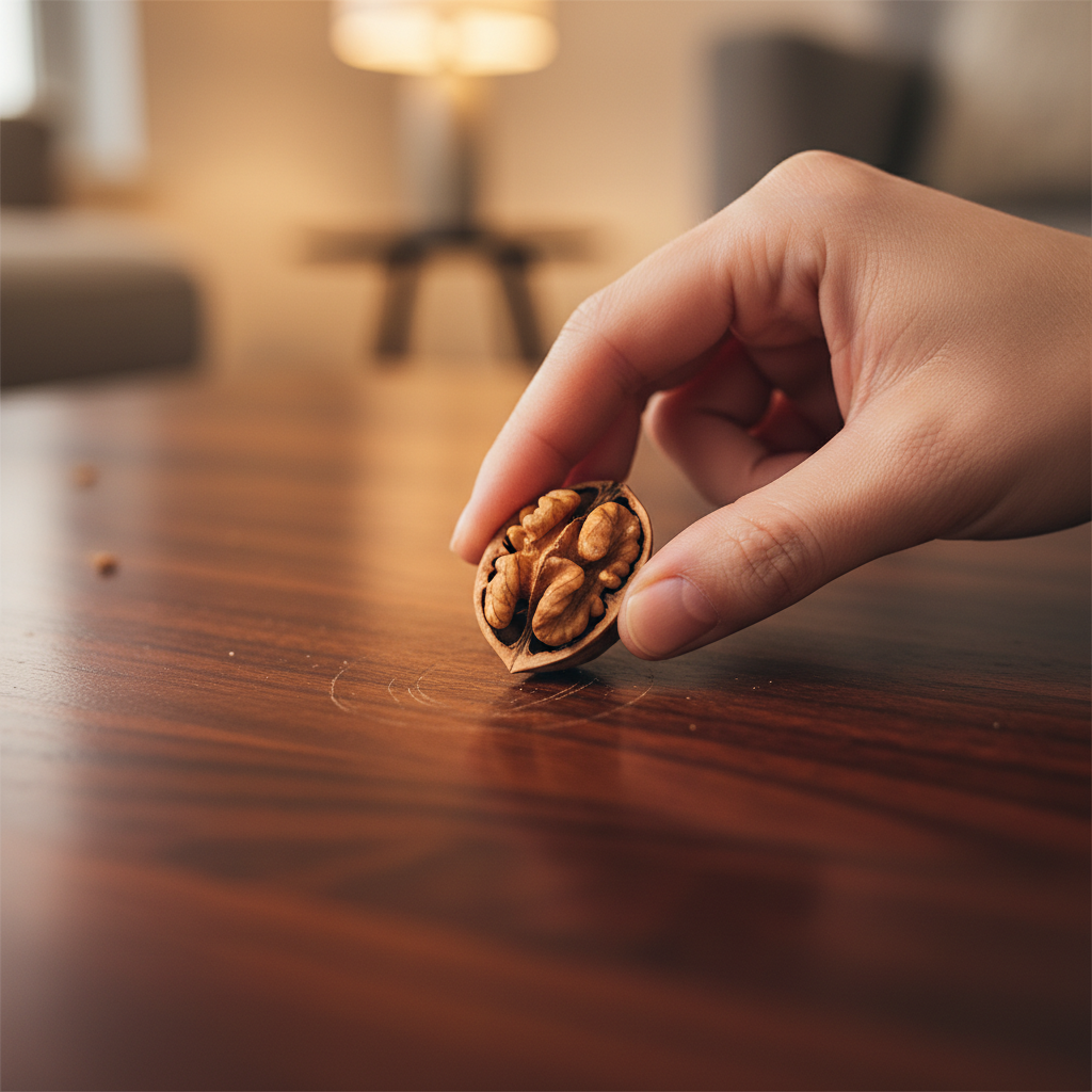 A close-up, high-quality professional photo, taken in a warm, inviting light. The image captures a human hand, gently holding a half-walnut, as it is being rubbed carefully over a visible, fine scratch on the polished surface of a wooden furniture piece, possibly a dark coffee table. The focus is sharp on the area of interaction, showcasing the texture of the wood, the nut, and the subtle scratch, conveying a sense of practical, gentle repair.