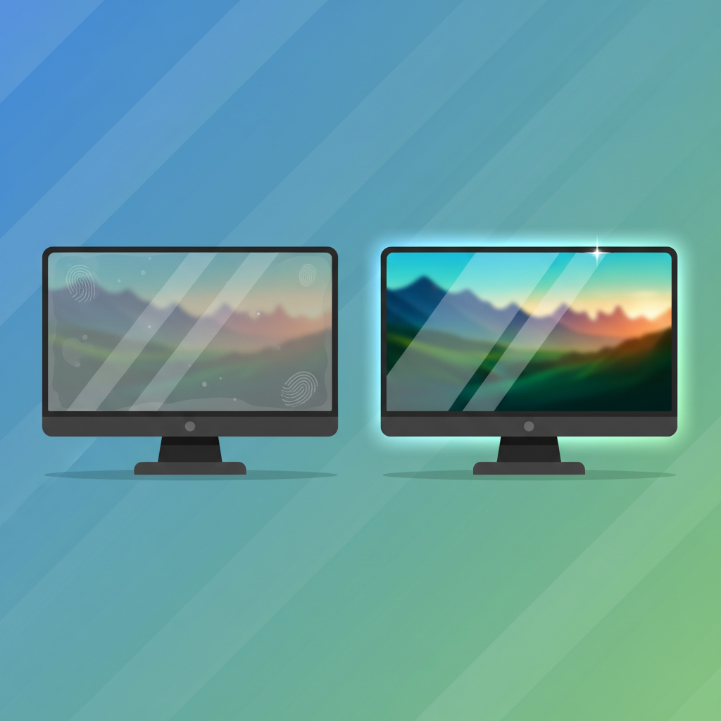 A vibrant, modern flat illustration depicting the stark contrast between a dirty and a clean monitor. On one side, a monitor screen is covered in visible dust, smudges, and fingerprints, with a subtle blur effect on the displayed content. On the other side, the same monitor is pristine, sparkling, and displays exceptionally crisp, bright, and vibrant colors. The background is simple and clean, emphasizing the visual improvement and the clear view a clean screen provides.