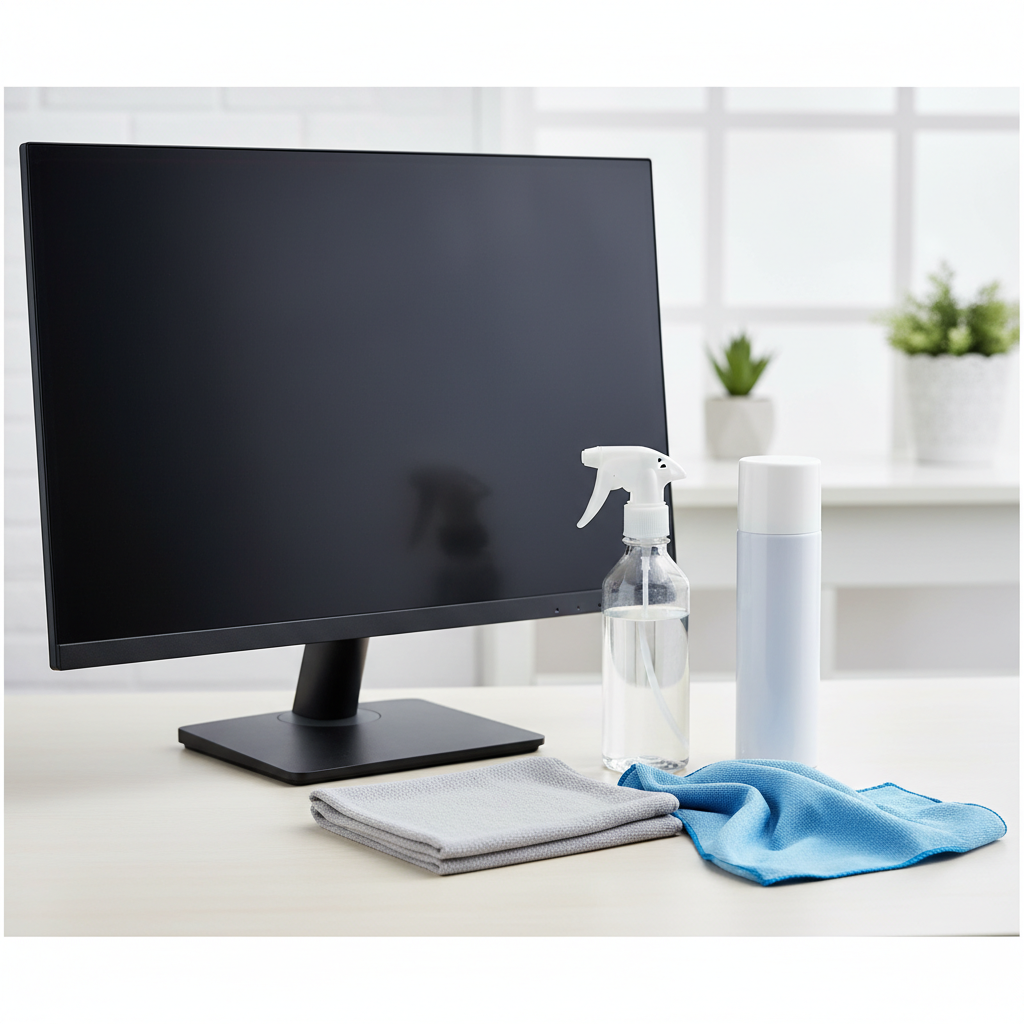 A clean, professional product photography style image showcasing the essential monitor cleaning tools. Neatly arranged on a light-colored, minimalist desk surface are two soft, lint-free microfiber cloths (one folded, one slightly open), a generic spray bottle containing a clear liquid (implying distilled water or screen cleaner, no labels visible), and a can of compressed air. The arrangement should feel organized and inviting, suggesting readiness for a cleaning task, positioned next to a turned-off monitor.