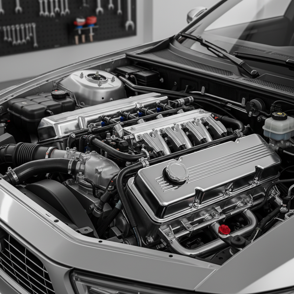 A pristine, sparkling clean car engine bay, seen from a slightly elevated angle. All components like hoses, wires, fluid reservoirs, and the engine block itself are visibly clean and well-maintained, gleaming under bright, even lighting. The scene evokes a sense of readiness and perfection, as if just prepared for a rigorous technical inspection. The background is subtly blurred to keep the focus on the immaculate engine. The overall style should be a professional, high-resolution photo with a slight editorial feel, emphasizing meticulous care and readiness.