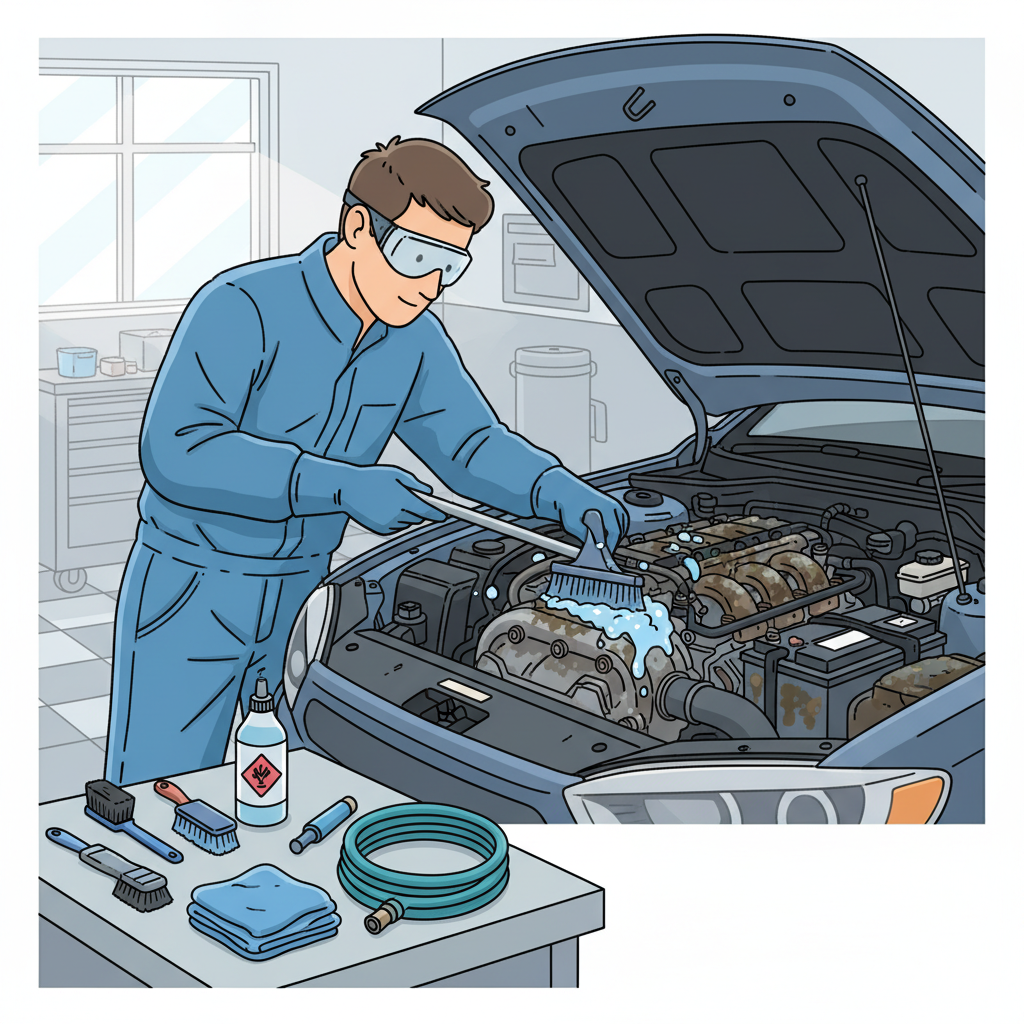 A dynamic scene illustrating the careful process of cleaning a car engine. A person, depicted from a perspective where their face is not clearly visible, is wearing blue protective gloves and safety goggles. They are meticulously applying engine cleaner with a specialized brush to a visibly grimy engine block. In the foreground or on a nearby surface, an array of essential cleaning tools are neatly arranged: various sizes of brushes, microfiber cloths, a spray bottle of engine cleaner, and a low-pressure water hose. The setting is a well-lit, organized garage or outdoor space. The style should be a modern, detailed flat illustration with clean lines and a practical, informative aesthetic, emphasizing safety and attention to detail.