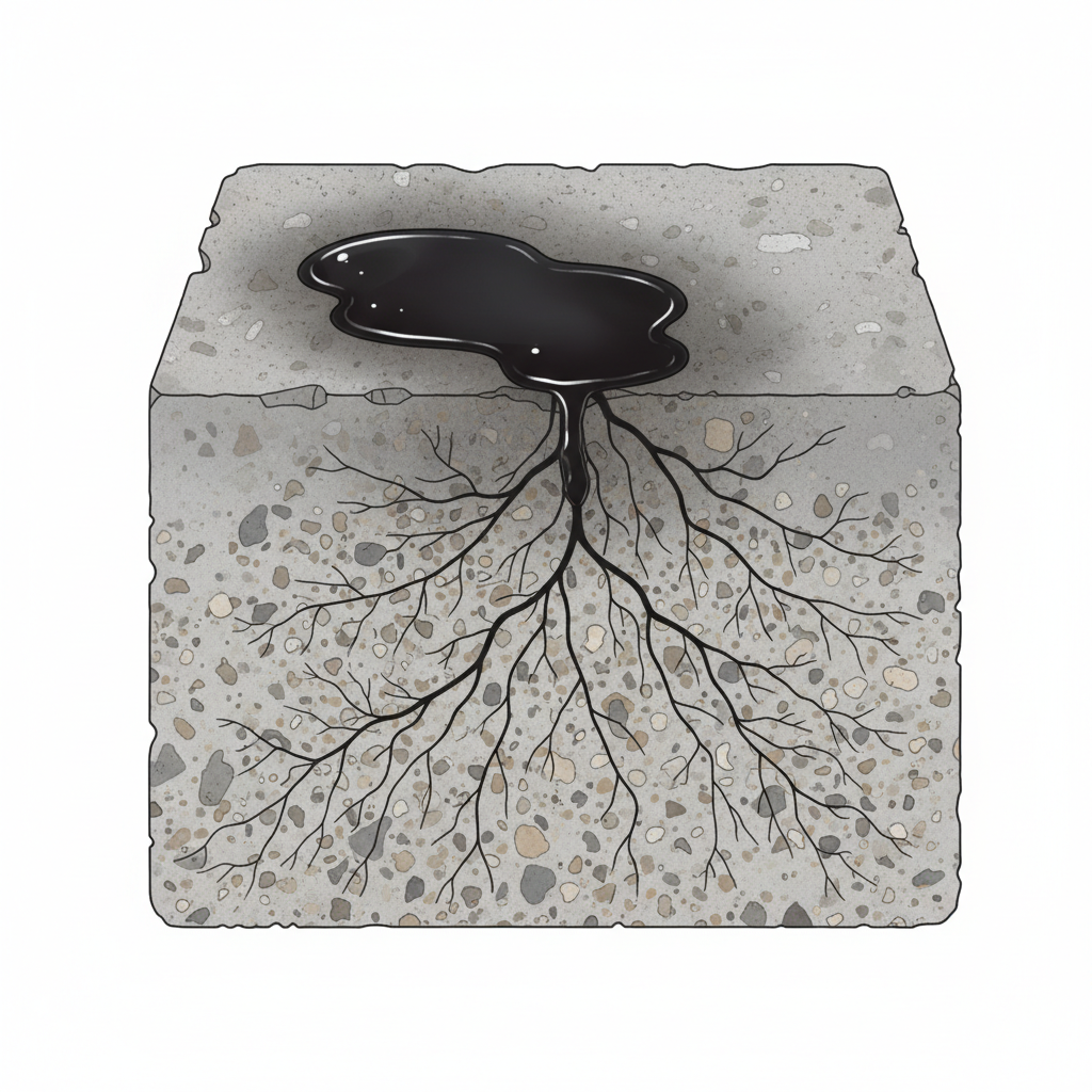 A detailed cross-section illustration of a concrete paving stone. On the surface, a dark, viscous liquid (motor oil) is visible, actively seeping into the stone's microscopic pores and cracks. The internal structure of the paving stone should show a network of tiny channels and voids, with the oil penetrating deeply into these pathways, creating a visible dark stain that extends below the surface. The style should be clean, informative, and slightly technical, using a muted color palette for the stone and a dark, glossy texture for the oil, emphasizing the depth of penetration.