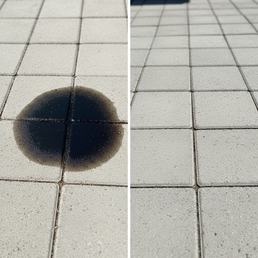 A split-screen professional photo showcasing a 'before and after' comparison of outdoor paving stones. The 'before' side features a distinct, dark, and unsightly motor oil stain on several light-colored pavers, contrasting sharply with the clean areas. The 'after' side depicts the exact same section of paving stones, now completely free of the oil stain, appearing pristine and uniform in color. The lighting should be natural and bright, highlighting the successful removal of the stain and the restored aesthetic of the surface, with a slight depth of field.