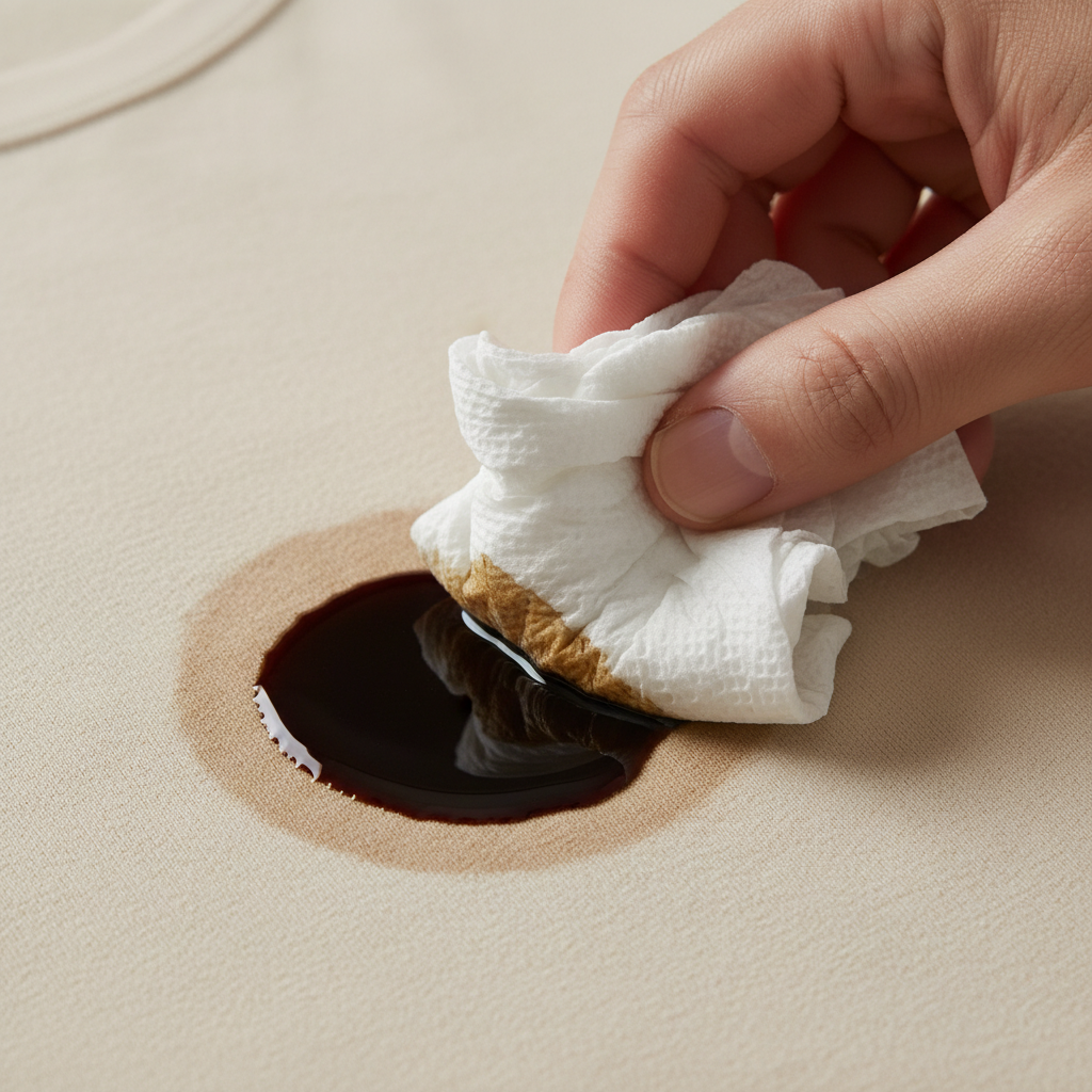 A close-up, professional studio photo of a hand gently dabbing a fresh, dark motor oil stain on a light-colored fabric, possibly a cotton t-shirt or denim. The hand holds a crumpled paper towel or a clean white cloth, carefully absorbing the oil from the stain's edge towards its center. The oil stain is clearly visible and somewhat iridescent, highlighting the initial challenge. The focus is on the precise, delicate dabbing motion, conveying the importance of quick action and careful handling. The background is softly blurred to emphasize the action and the stained fabric.
