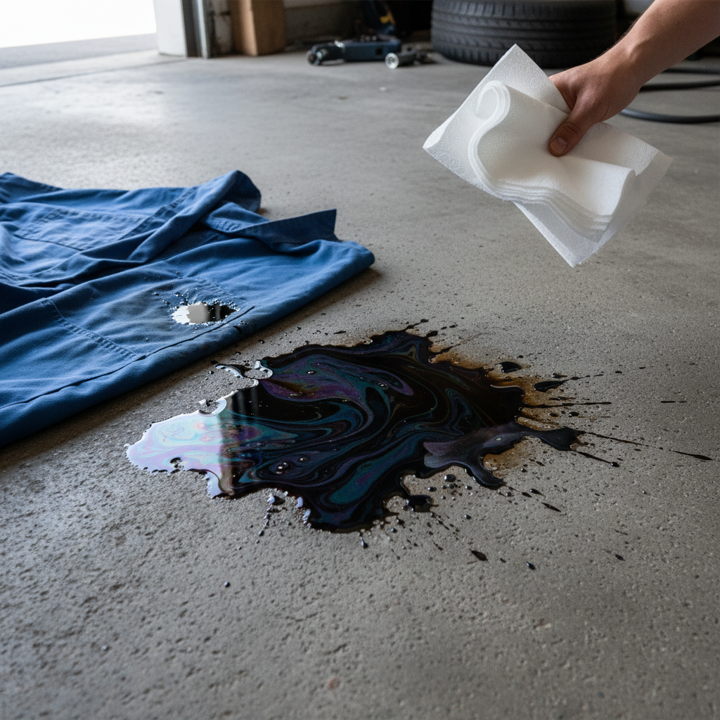 A professional, realistic photo capturing the immediate aftermath of a motor oil spill. A fresh, dark, iridescent motor oil stain is visible on a grey concrete garage floor, with a smaller splash also on a blue work jacket laid nearby. A hand, clearly in motion, is reaching down towards the stain with a stack of paper towels, conveying urgency and readiness to act quickly. The lighting should be bright and clear, highlighting the contrast between the dark oil and the textured surfaces, suggesting a crucial call to action.