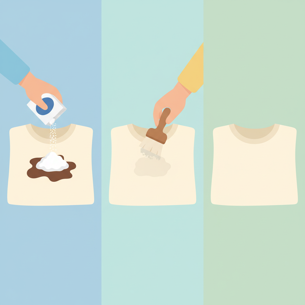 A vibrant flat illustration depicting the pre-treatment process for removing a motor oil stain from clothing. The image shows a folded piece of light-colored fabric (like a t-shirt or denim) with a noticeable dark oil stain in the center. A hand from the top is gently sprinkling a white powdery substance (e.g., baking soda or cornstarch) from a small container directly onto the stain, completely covering it. Another part of the illustration shows a small, soft brush gently sweeping away some of the now discolored powder, revealing a much lighter, almost gone stain underneath. The style is clean, informative, and uses a soft, pleasing color palette.