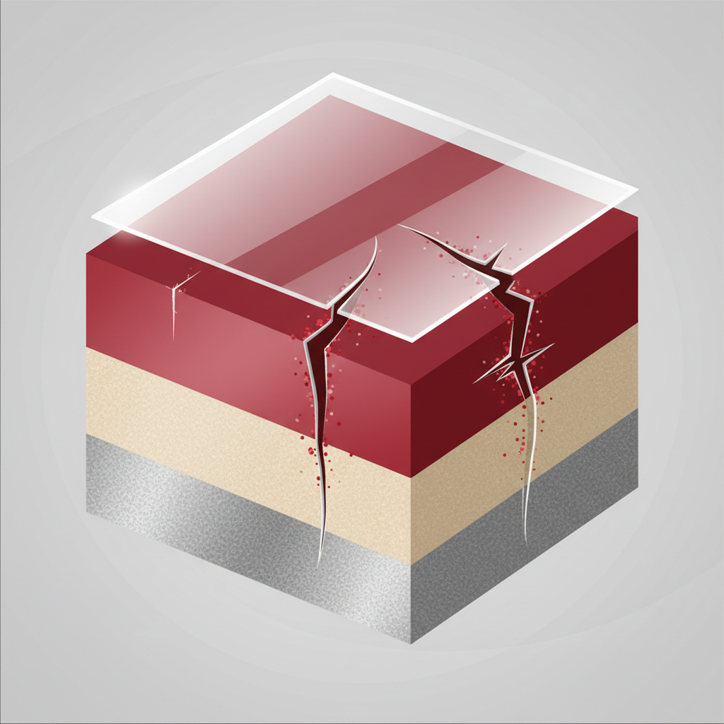 A detailed, infographic-style illustration showing a magnified cross-section of motorcycle paint layers. The layers should be clearly distinguishable: a top clear coat, a middle base color coat, a primer layer, and the metal substrate at the bottom. Three distinct types of scratches are depicted, visually indicating their depth without any text. One scratch is superficial, only affecting the clear coat. Another is medium, penetrating the clear coat into the base coat. The third is deep, reaching the primer or even the metal. The surface around the scratches should be glossy and pristine.