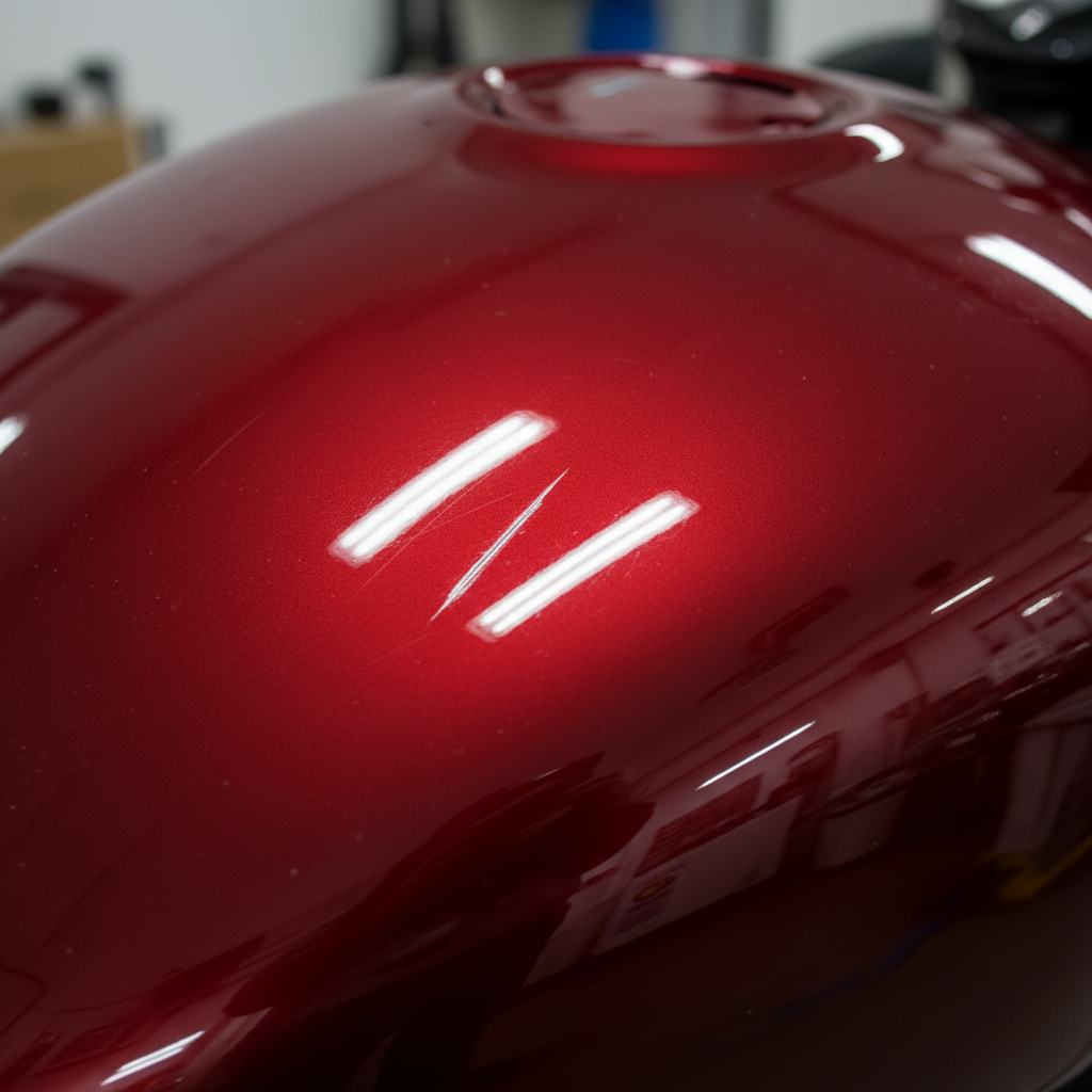 A professional, high-resolution close-up photo of a glossy, deep red motorcycle tank. The image should feature a dramatic contrast between a small, clearly visible light scratch on the paint and the surrounding perfectly polished, reflective surface, showcasing the successful restoration of the finish. Emphasize the mirror-like quality of the restored area, reflecting a soft light source beautifully. The focus should be on the rich color and pristine, blemish-free condition of the paint, conveying a sense of renewed brilliance and perfection.