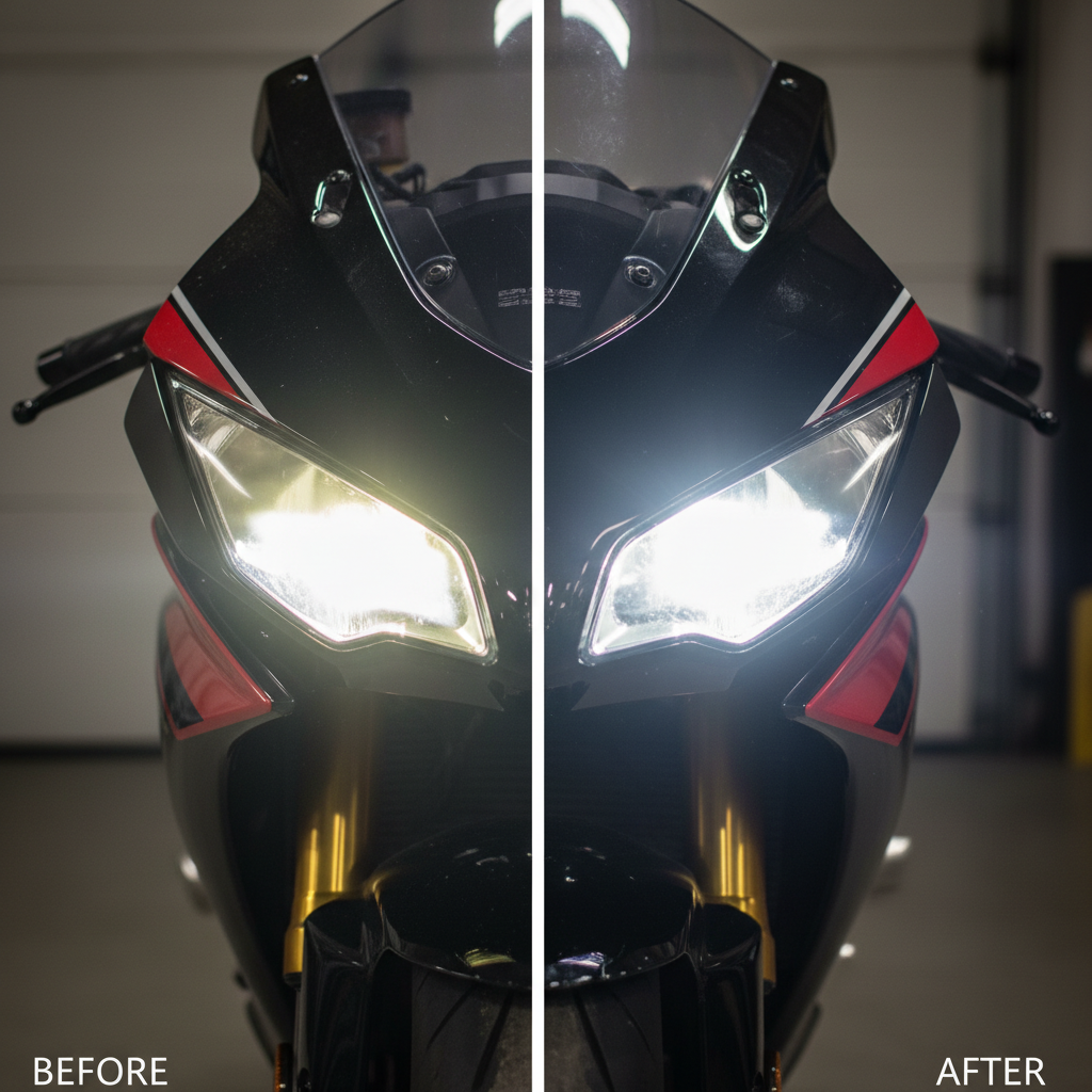 A split image or a clear 'before and after' comparison of a motorcycle headlight. The 'before' side shows a headlight with visible scratches, haziness, and a yellowish tint, suggesting poor light output and aesthetics. The 'after' side displays the same headlight looking pristine, crystal clear, and glossy, with a sharp, focused beam of light emanating from it, indicating successful restoration. The motorcycle's front fairing is visible, clean and well-maintained. The contrast should be stark, emphasizing the transformation from damaged to like-new condition, hinting at improved safety and appearance. Professional photo with a clear focus and good lighting.