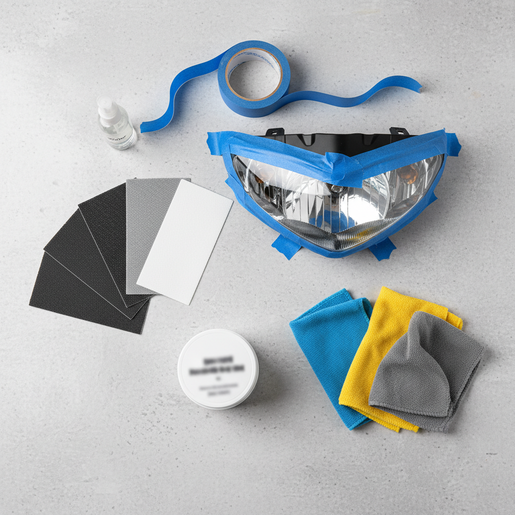 A meticulously arranged flat lay image showcasing the essential tools and materials for motorcycle headlight scratch removal. Prominently featured are a selection of wet sandpaper sheets with varying grits (e.g., 1000, 2000, 3000, 5000), a container of specialized polishing paste, several clean microfiber cloths, and a roll of painter's masking tape. A section of a motorcycle headlight, partially masked off to protect surrounding paintwork, is visible, indicating readiness for the repair process. The overall composition should be clean, organized, and professional, conveying preparation and attention to detail. Detailed studio shot with bright, even lighting.