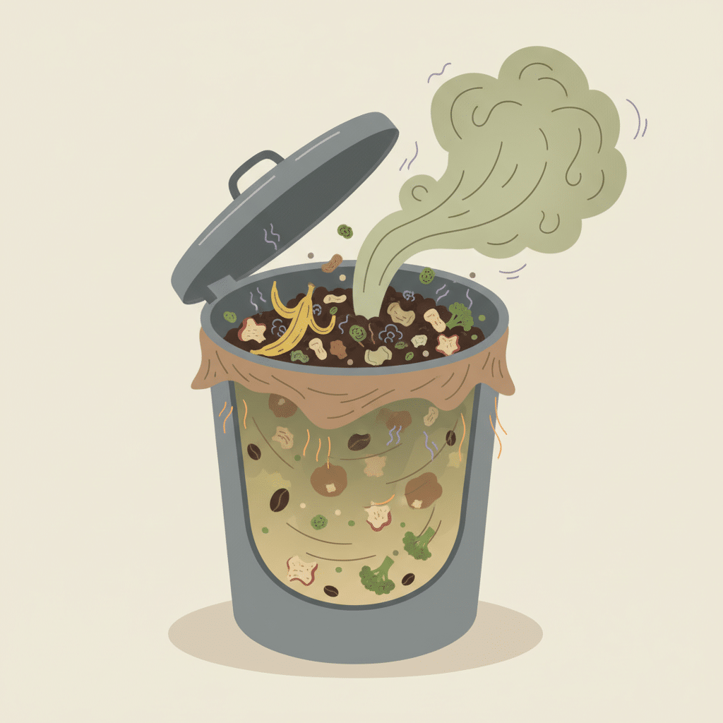 A detailed flat illustration depicting a cutaway view of a kitchen trash can. Inside, various organic waste items like fruit peels, coffee grounds, and food scraps are visible. Swirling, abstract microorganisms are actively breaking down the waste, represented by small, stylized shapes. Subtle wavy lines or a stylized cloud of vapor emanates from the decaying contents, visually indicating an unpleasant odor spreading. The internal environment suggests moisture and warmth, emphasizing the conditions for smell generation. The overall color palette is muted, focusing on browns, greens, and grays to highlight the decomposition process.