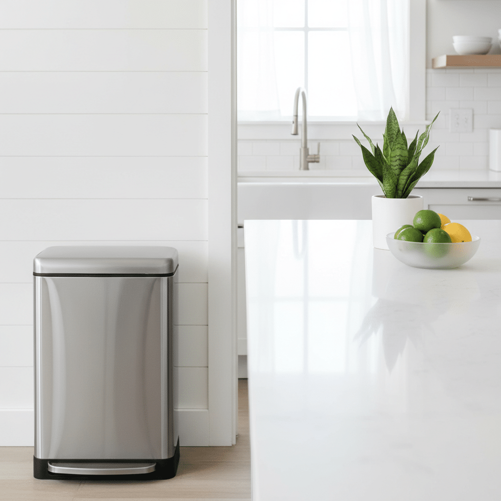 A professional photo capturing a bright and clean kitchen environment. In the foreground, a modern, closed kitchen trash can stands discreetly. Adjacent to it, on a pristine countertop, are elements symbolizing freshness and cleanliness, such as a small bowl of vibrant green limes or yellow lemons, and possibly a minimalist green plant. The lighting is soft, natural, and inviting, creating an atmosphere of purity and an odor-free home. The composition emphasizes hygiene and a pleasant living space, reflecting a sense of well-being.