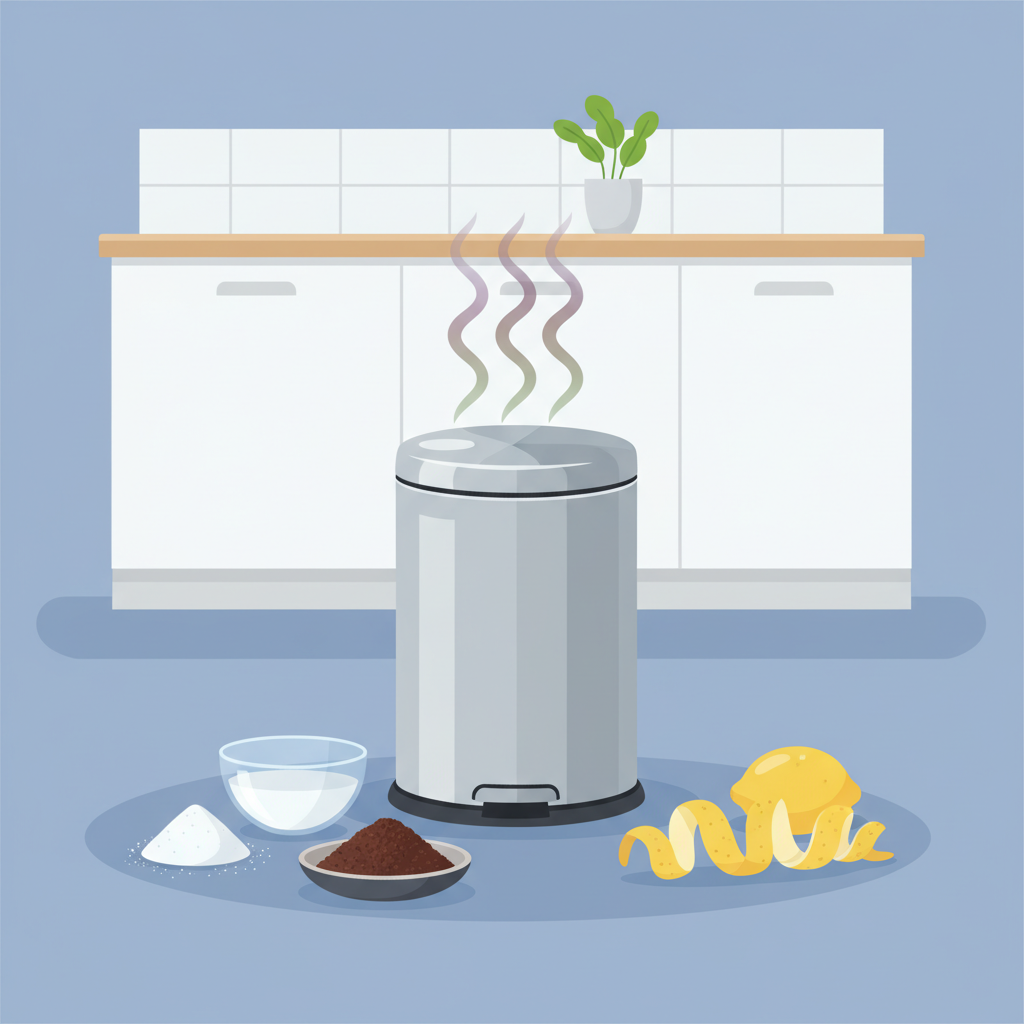 A modern, clean kitchen environment. In the foreground, a sleek, lidded kitchen trash bin stands, from which very subtle, wavy lines emanate, visually representing an unpleasant odor. Surrounding the bin are stylized representations of common home remedies: a small, white mound of baking soda, a clear glass bowl containing a light-colored liquid (vinegar), a small dish of dark coffee grounds, and a few bright yellow lemon peels. The overall aesthetic is inviting and fresh, contrasting with the implied odor. Flat illustration style with soft shadows and clean lines.