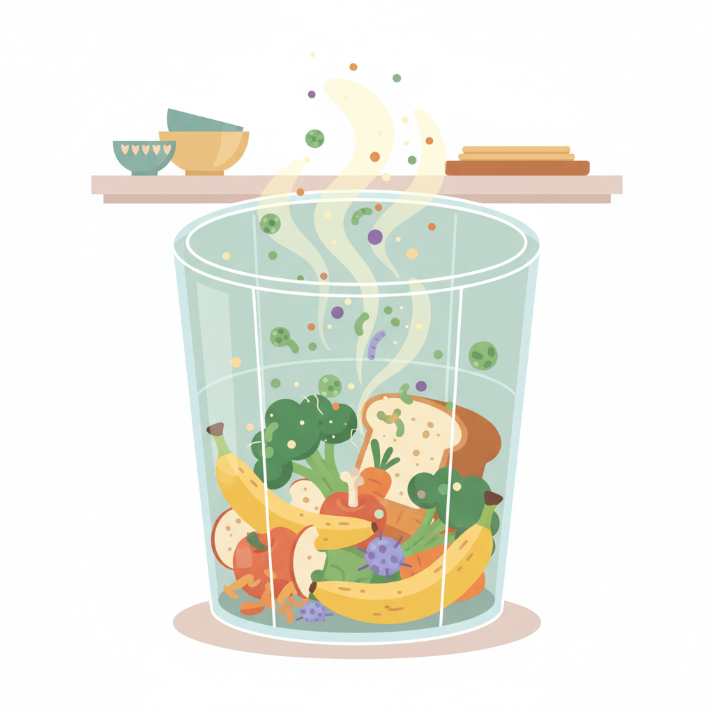 A visually engaging, infographic-style illustration depicting the inside of a transparent or cutaway trash can. Various common organic waste items are visible: fruit peels, vegetable scraps, and leftover food, all slightly stylized. Small, abstract representations of bacteria or microorganisms are actively shown around the waste, with faint gaseous particles (smell molecules) rising upwards from the decomposing matter. The background is a clean, minimal kitchen counter, keeping the focus on the internal process. The style should be clean and educational, using a pleasant color palette.