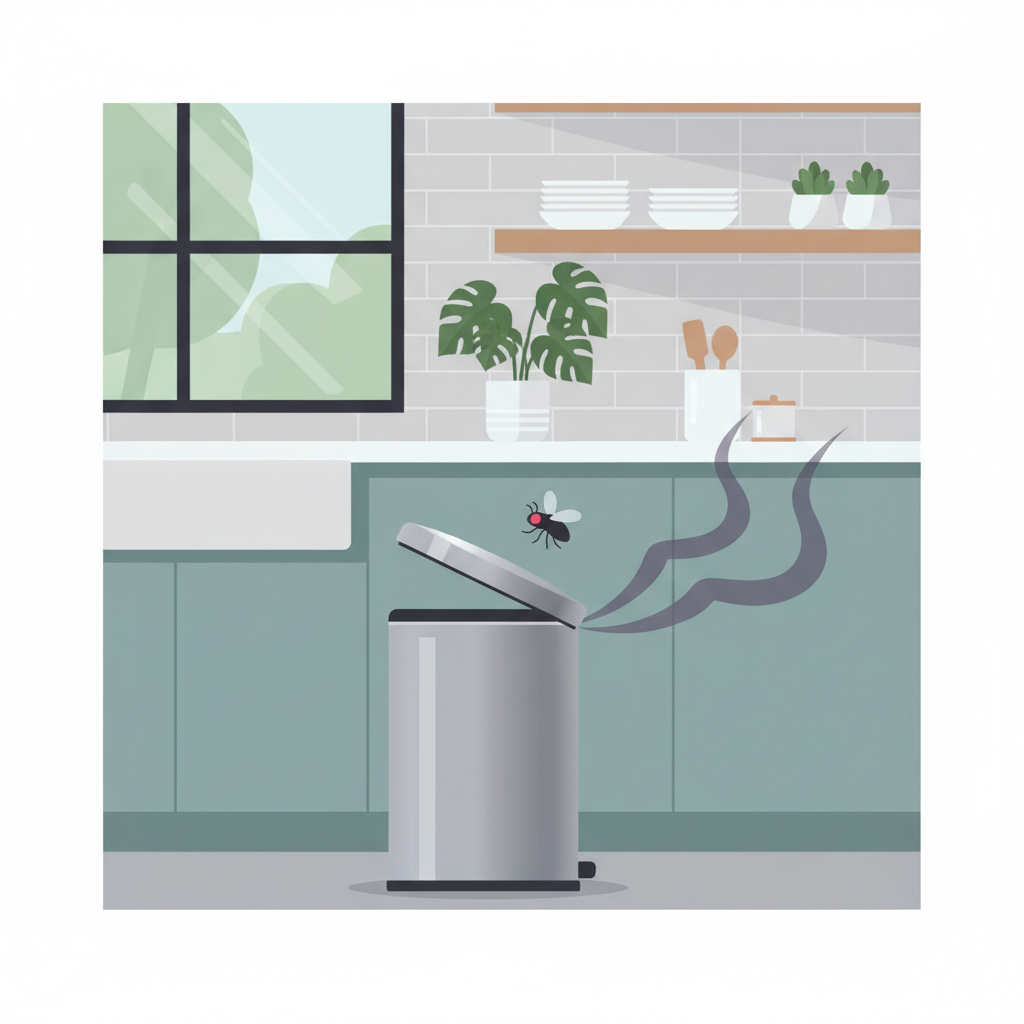 A flat illustration depicting a clean, modern kitchen interior. In the foreground, a sleek, stainless steel kitchen trash can stands slightly ajar. From the opening, subtle, wavy, dark purple or grey lines emanate, visually representing an unpleasant odor spreading. A small, abstract fly hovers near the opening. The surrounding kitchen elements, like a counter and plants, are clean and orderly, contrasting with the source of the subtle annoyance from the bin. The overall atmosphere should be a visual representation of the problem described in the article.
