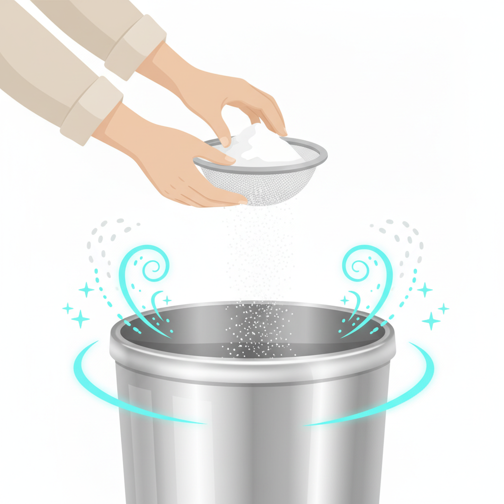 A bright, clean minimalist illustration focusing on a common solution. A pair of hands, with clean, light-colored sleeves, is shown gently sprinkling a fine white powder, clearly identifiable as baking soda, into the bottom of an empty, sparkling clean kitchen trash can. The interior of the bin is pristine. Subtle, abstract graphic elements around the baking soda could suggest odor absorption or neutralization, like small, fading grey particles transforming into brighter, fresher blue ones. The overall impression is one of freshness, hygiene, and an effective home remedy being applied.
