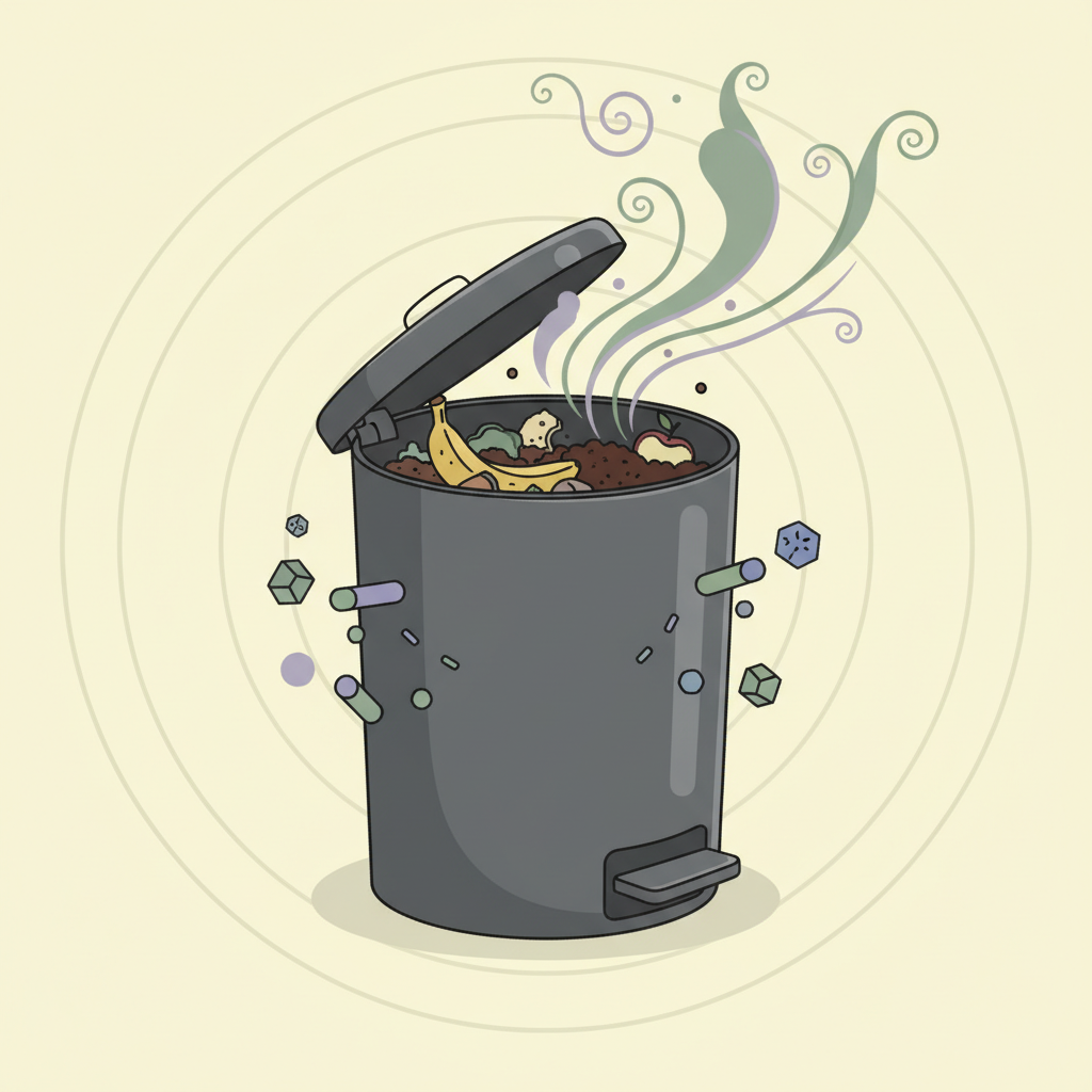 A vibrant flat illustration depicting a kitchen trash can with a slightly open lid. Wispy, swirling lines in muted green and purple hues emanate from the opening, visually representing an unpleasant odor spreading. Inside the bin, subtly visible decomposing organic waste like fruit peels and coffee grounds. Tiny, abstract bacteria-like shapes float around the waste, symbolizing microbial activity. The overall image should evoke the cause of trash can smell without being overtly gross, emphasizing the scientific reason for the odor.