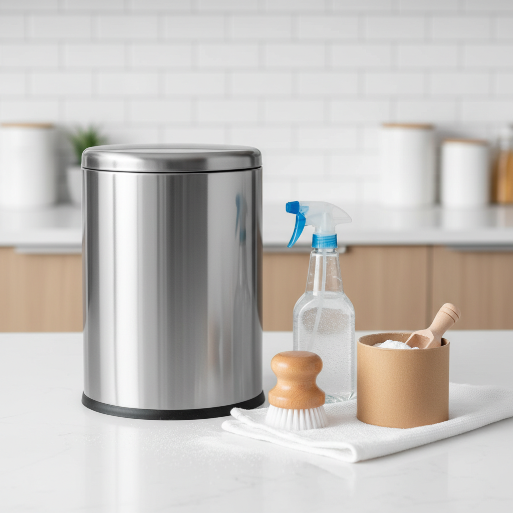 A professional photo or realistic digital painting showcasing a freshly cleaned, empty kitchen trash can, possibly a sleek stainless steel or white model, sparkling and appearing pristine. Beside it, on a clean surface, are various cleaning essentials: a spray bottle with a clear liquid (implying cleaning solution), a scrubbing brush, a folded clean cloth, and an open container of baking soda powder with a small scoop. The scene exudes a sense of hygiene, freshness, and effective odor elimination, highlighting the tools for a sparkling clean bin.