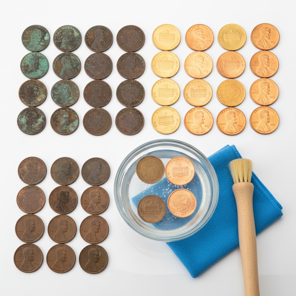 A bright, professional studio photograph showcasing the transformation of coins. On the left side of the frame, several dull, tarnished copper and brass coins are neatly arranged, displaying visible oxidation and grime. On the right side, an identical set of coins gleam brightly, reflecting light, indicating they have been cleaned. In the center, a clear glass bowl holds a few coins partially submerged in a transparent liquid, implying a vinegar solution. A small, soft-bristled brush and a microfiber cloth are strategically placed nearby on a pristine white surface, emphasizing the simple cleaning process.