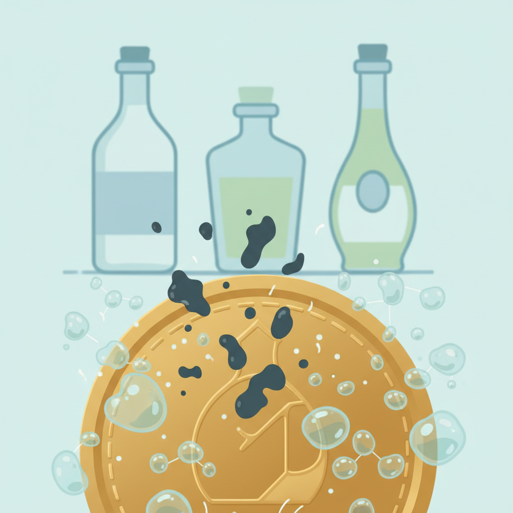 A clean, flat illustration with a conceptual approach to coin cleaning. The central focus is a stylized close-up of a coin's surface where dark, irregular 'tarnish' or 'oxide' particles are depicted in the process of lifting away from the metallic surface. Transparent, abstract liquid shapes, representing acetic acid molecules, are actively surrounding and interacting with these particles, perhaps with subtle indications of dissolution or effervescence. In the background, subtly integrated outlines or simplified representations of various common vinegar bottles (e.g., white vinegar, apple cider vinegar) provide context without being distracting.