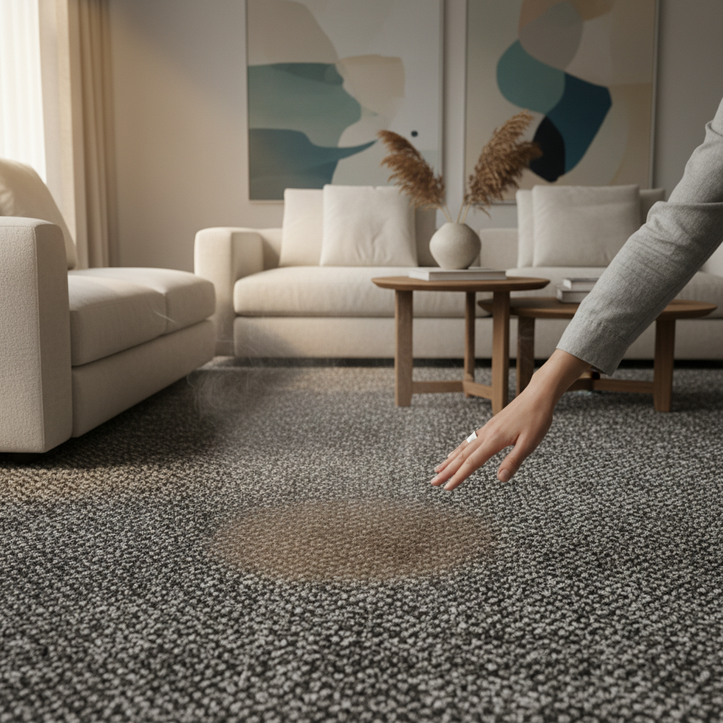 A visually appealing, professional photo showcasing a modern living room scene with a slightly muted color palette. The focus is on a plush, textured carpet in the foreground. Subtle visual cues indicate an underlying issue: perhaps a faint, barely visible 'haze' or a soft, desaturated patch on the carpet, suggesting a problem. A hand might be subtly wafting the air near the carpet, indicating an unpleasant smell. The overall atmosphere conveys a sense of slight discomfort or a problem needing attention, maintaining a clean, inviting aesthetic suitable for a blog.