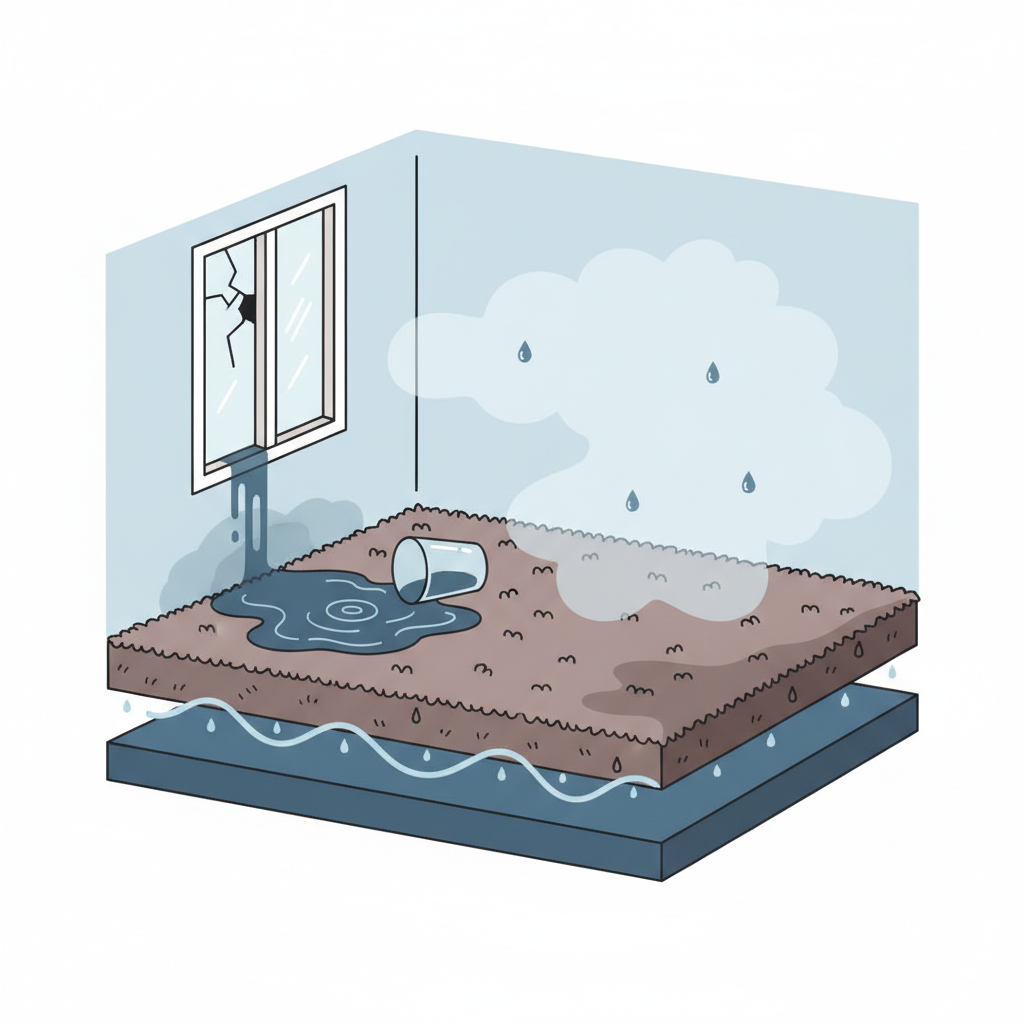 An engaging infographic-style illustration depicting a cross-section of a typical room, highlighting various sources of moisture affecting a carpet. Visual elements clearly show: a stylized puddle from a spilled drink on the carpet surface, water marks or dampness originating from a leaky window frame above, a subtle atmospheric 'mist' representing high humidity in the air, and condensation forming on the underside of the carpet due to a cold floor below. The style is clean, modern, and easily understandable, focusing on the visual causes without any labels.