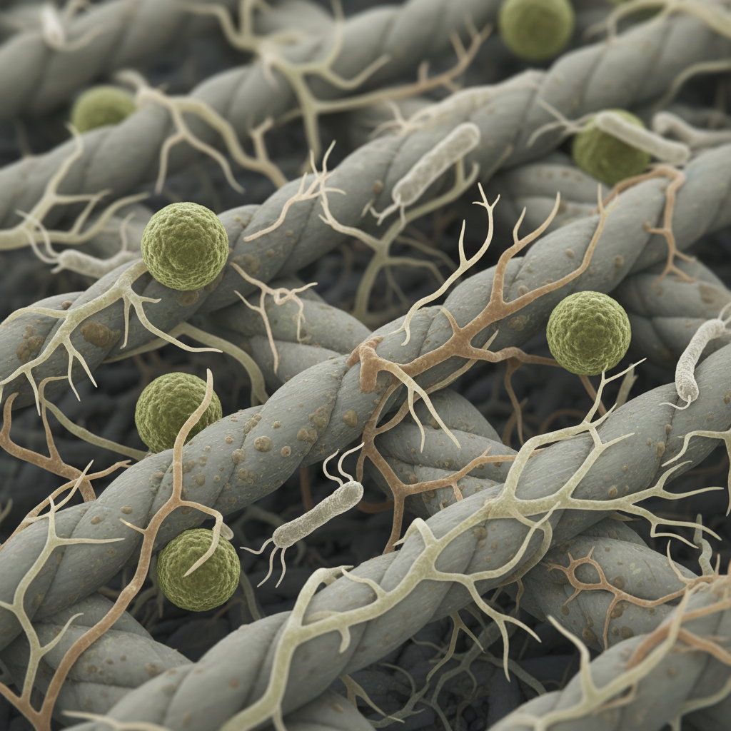 A highly detailed, macro-level scientific illustration focusing on individual carpet fibers. The fibers appear slightly damp or soiled at a microscopic scale, with tiny, stylized representations of mold spores, bacteria, and fungi visibly growing on and clinging to them. The background is a blurred, abstract representation of the carpet's underlying structure, hinting at a deeper problem area. The color palette leans towards muted greens, greys, and browns, emphasizing the unseen biological source of the musty odor.
