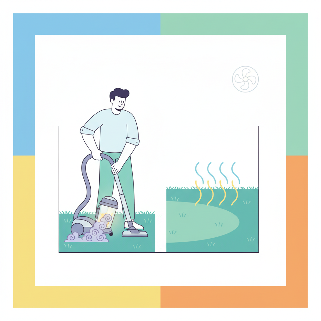 A vibrant, clean flat illustration depicting the initial steps of addressing a musty carpet. One side of the image features a person actively and thoroughly vacuuming a section of the carpet, with stylized dirt particles visibly being lifted into the vacuum cleaner. The other side shows a section of carpet being dried, perhaps with a subtle visual cue like a gentle breeze from an unseen fan or a representation of warm air circulating above the fibers. The overall scene conveys efficiency and progress, utilizing bright, optimistic colors to represent a successful start to the cleaning process.