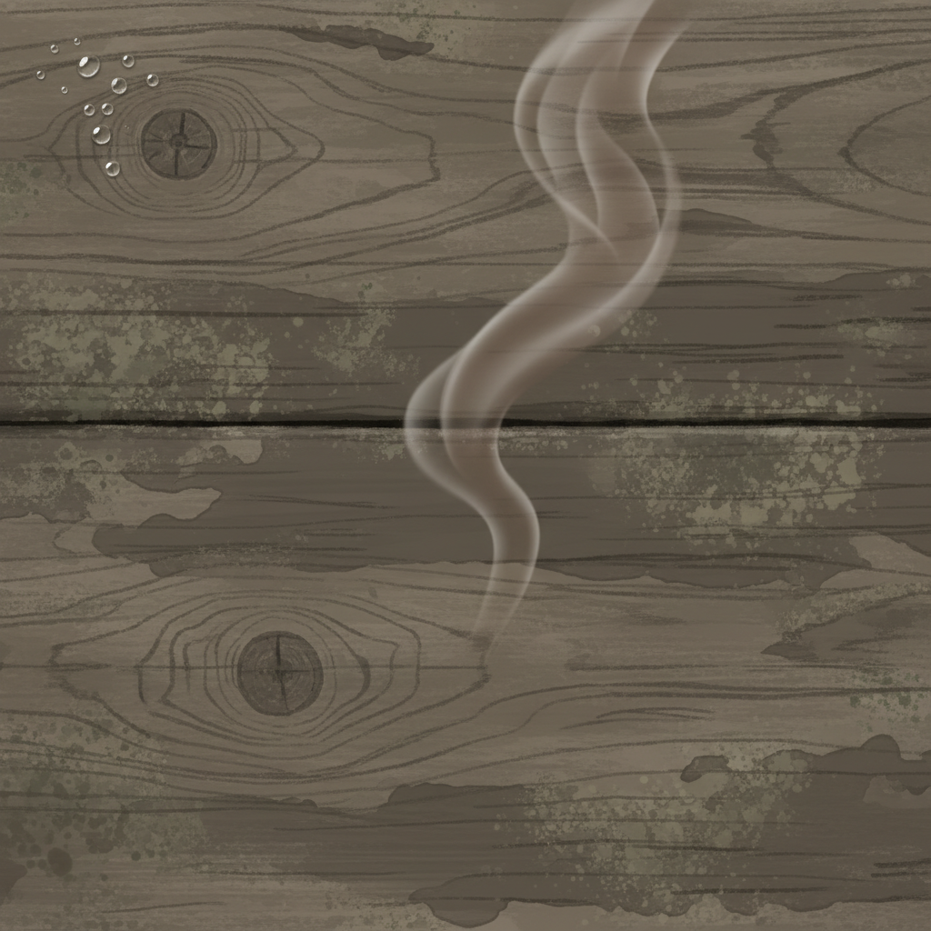 A close-up, atmospheric digital illustration of a section of old, wooden flooring or a wooden cabinet shelf. The wood grain is visible but slightly dulled and darkened in patches, indicating moisture absorption. Small, faint patches of greenish-grey mold are subtly visible on the surface. Tiny water droplets are condensed on the wood in one corner, suggesting high humidity. A faint, wavy, brownish-grey cloud or misty effect emanates from the wood, visually representing the musty odor, without being too literal or cartoonish. The overall mood is slightly damp and neglected, highlighting the primary causes of musty wood.