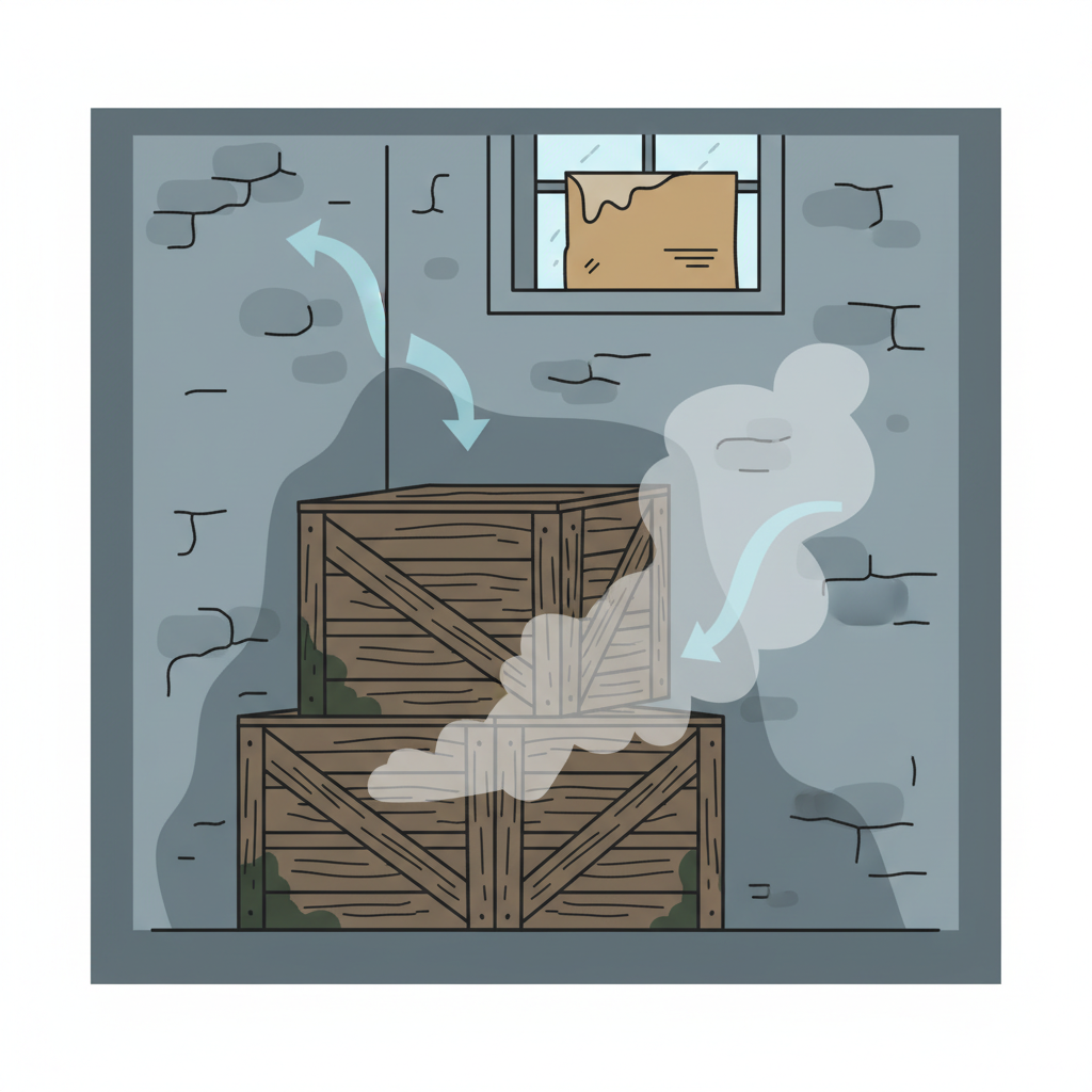 An infographic-style flat illustration depicting a cross-section of a poorly ventilated basement corner. A wooden chest or stack of wooden crates sits against a damp-looking wall, with visible moisture lines or dark patches on the wood surface and the wall. A small window, possibly partially blocked or closed, is in the background. Arrows indicating air circulation are shown entering the room but stopping short or being blocked around the wooden objects, symbolizing insufficient airflow. A subtle, light grey, wavy aura surrounds the wooden items, representing the musty smell. The color palette is muted, with blues, greys, and earthy browns.